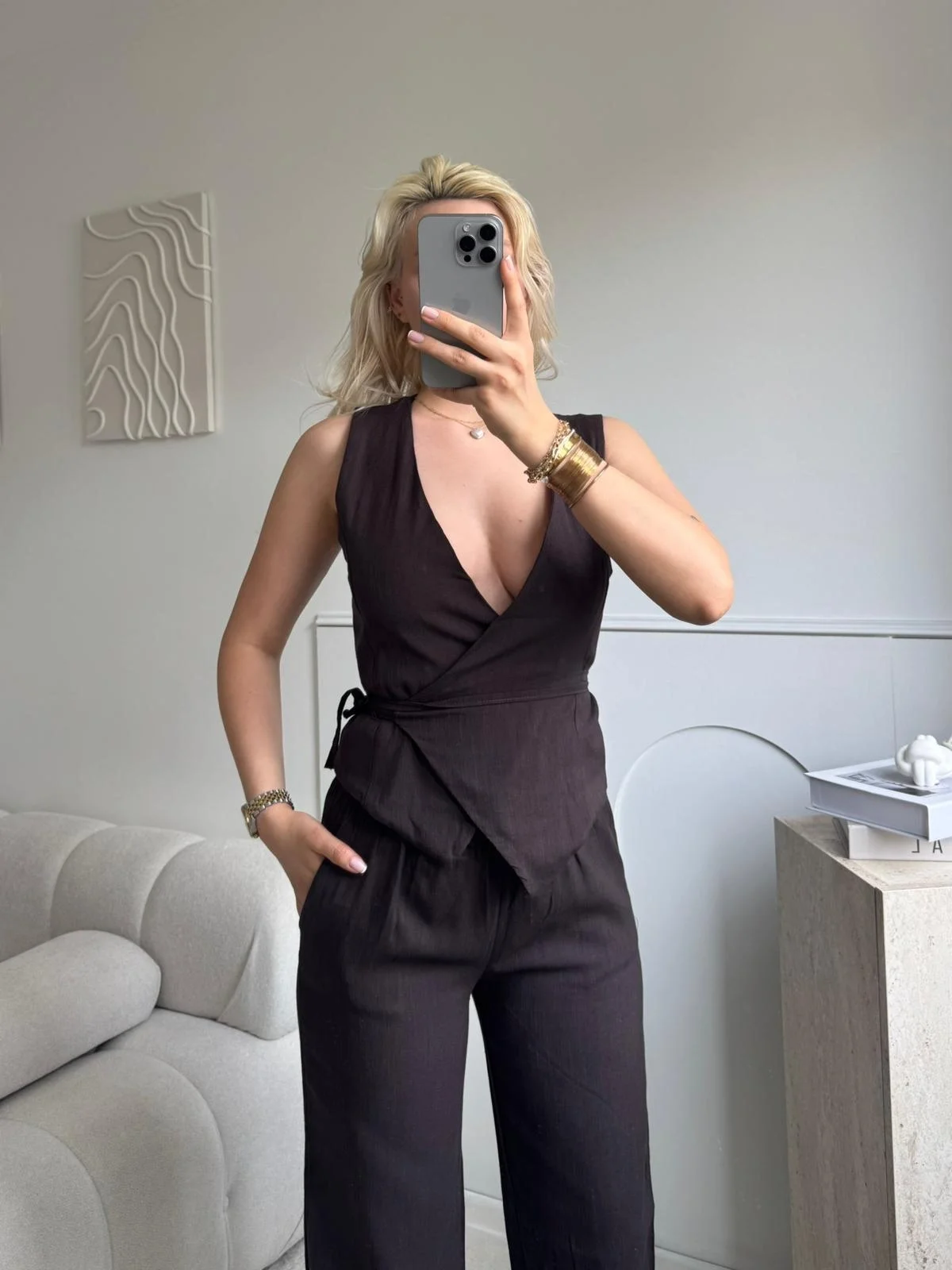 Kruvaze Bluz Pantolon Takım - KAHVE