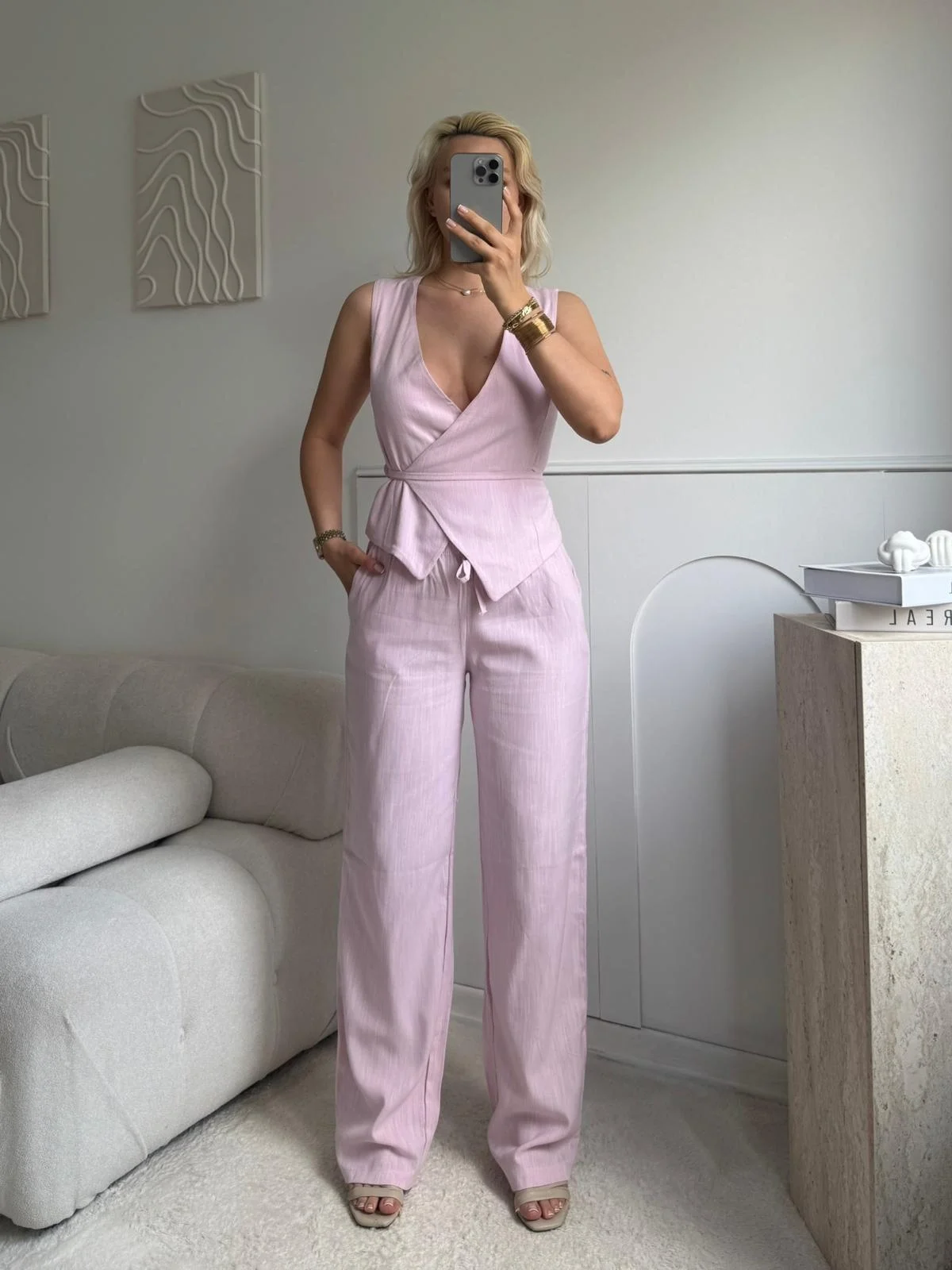 Kruvaze Bluz Pantolon Takım - PEMBE