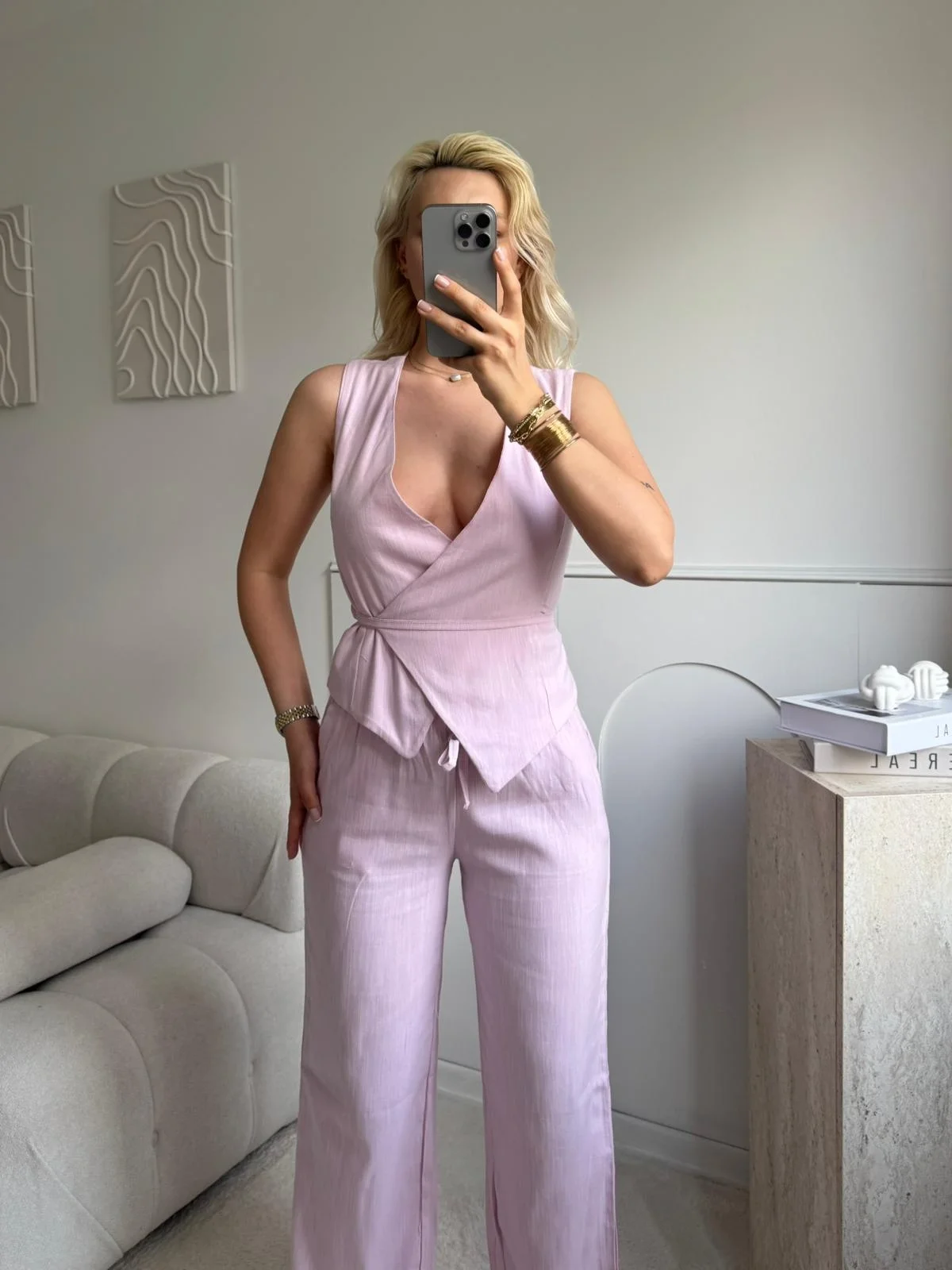 Kruvaze Bluz Pantolon Takım - PEMBE