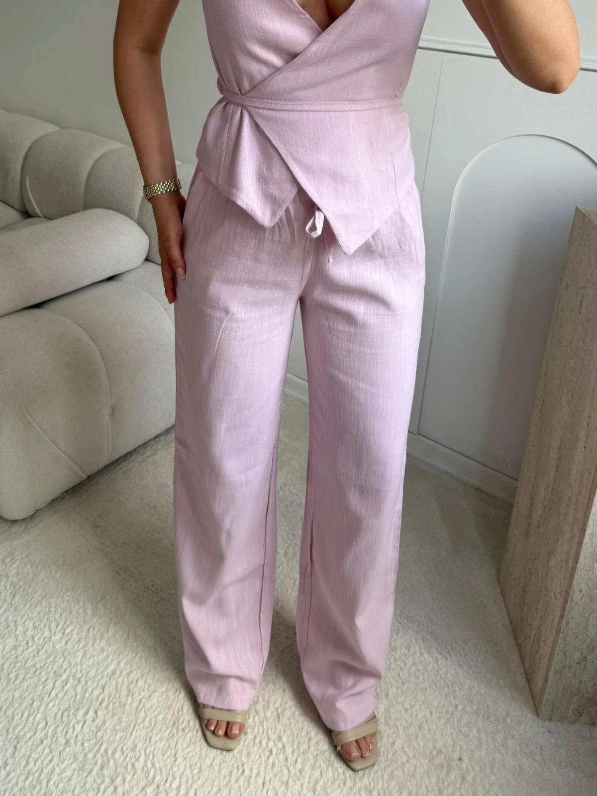 Kruvaze Bluz Pantolon Takım - PEMBE