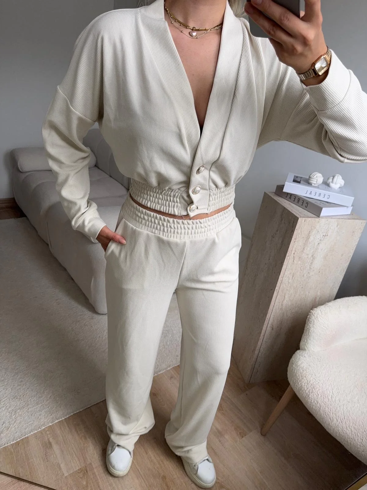 Kruvaze Hırka & Pantolon İkili Takım - BEJ