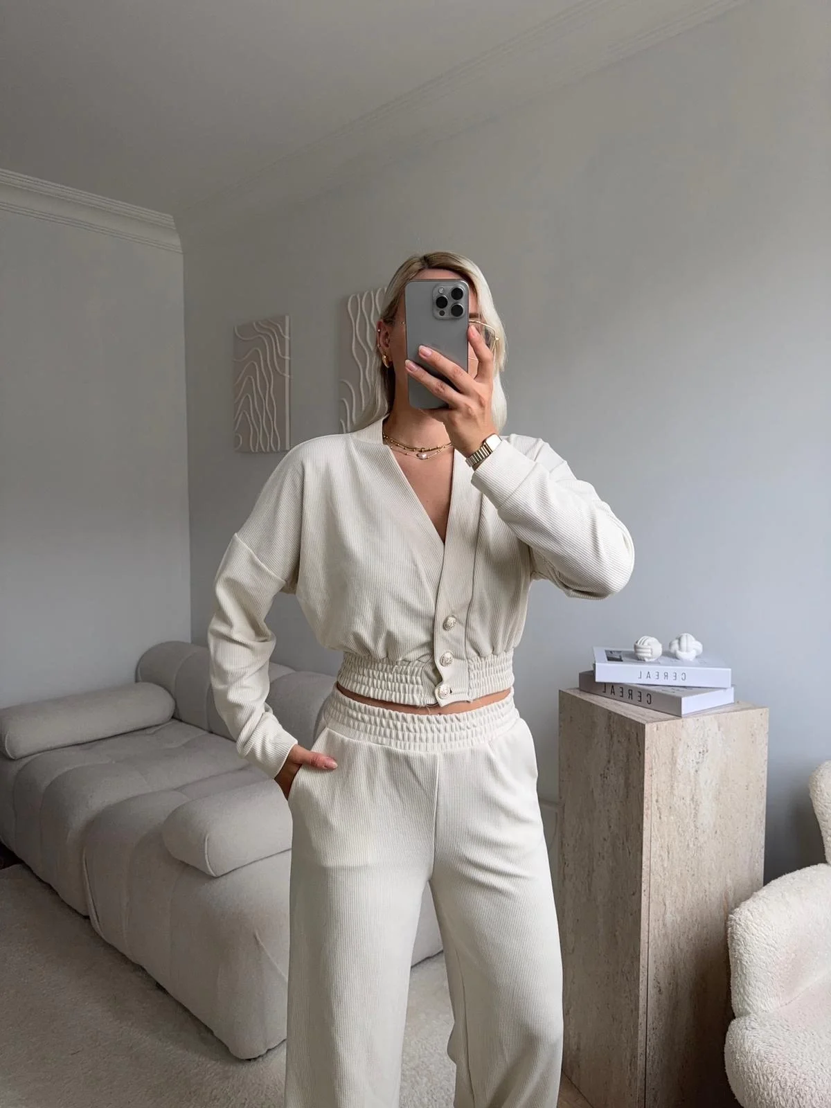 Kruvaze Hırka & Pantolon İkili Takım - BEJ