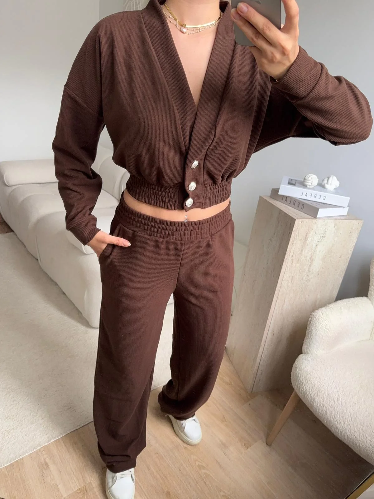 Kruvaze Hırka & Pantolon İkili Takım - KAHVE