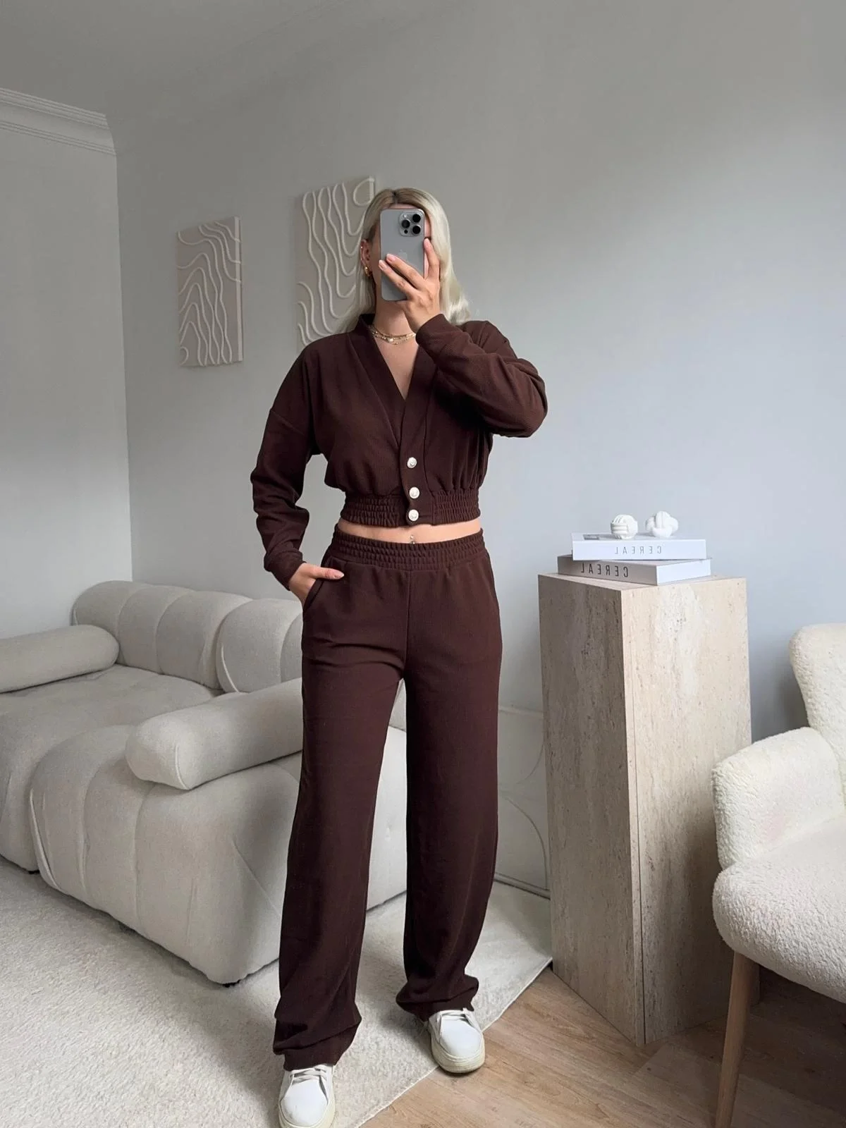 Kruvaze Hırka & Pantolon İkili Takım - KAHVE