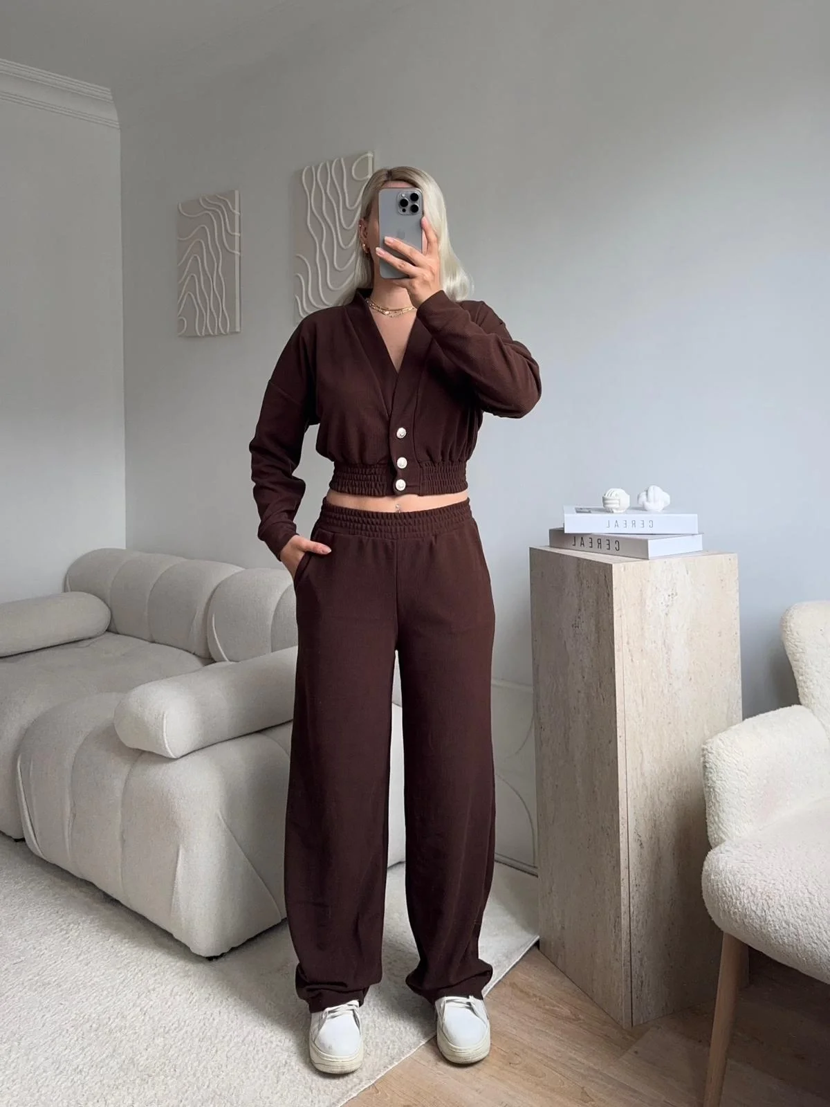 Kruvaze Hırka & Pantolon İkili Takım - KAHVE