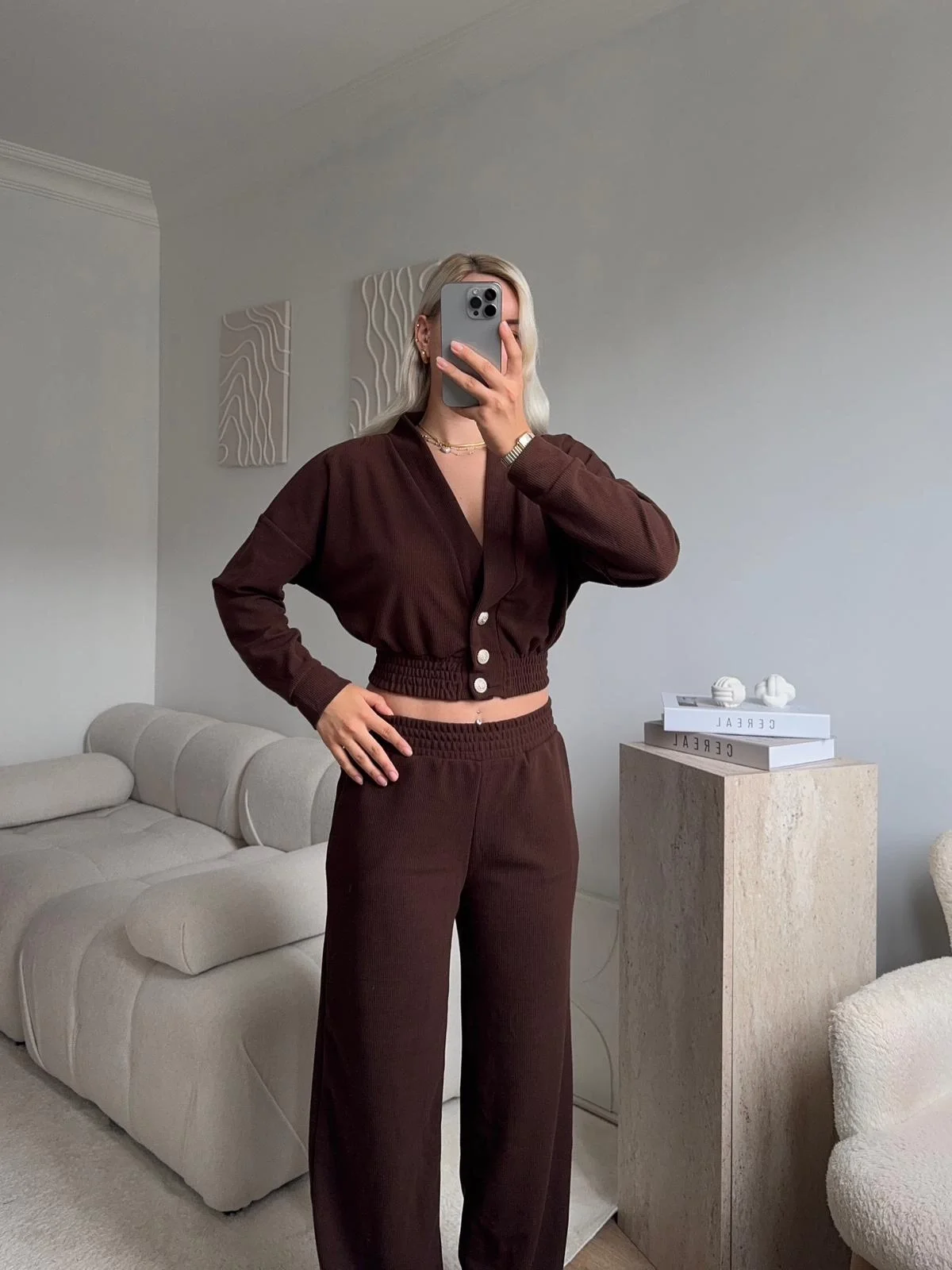 Kruvaze Hırka & Pantolon İkili Takım - KAHVE