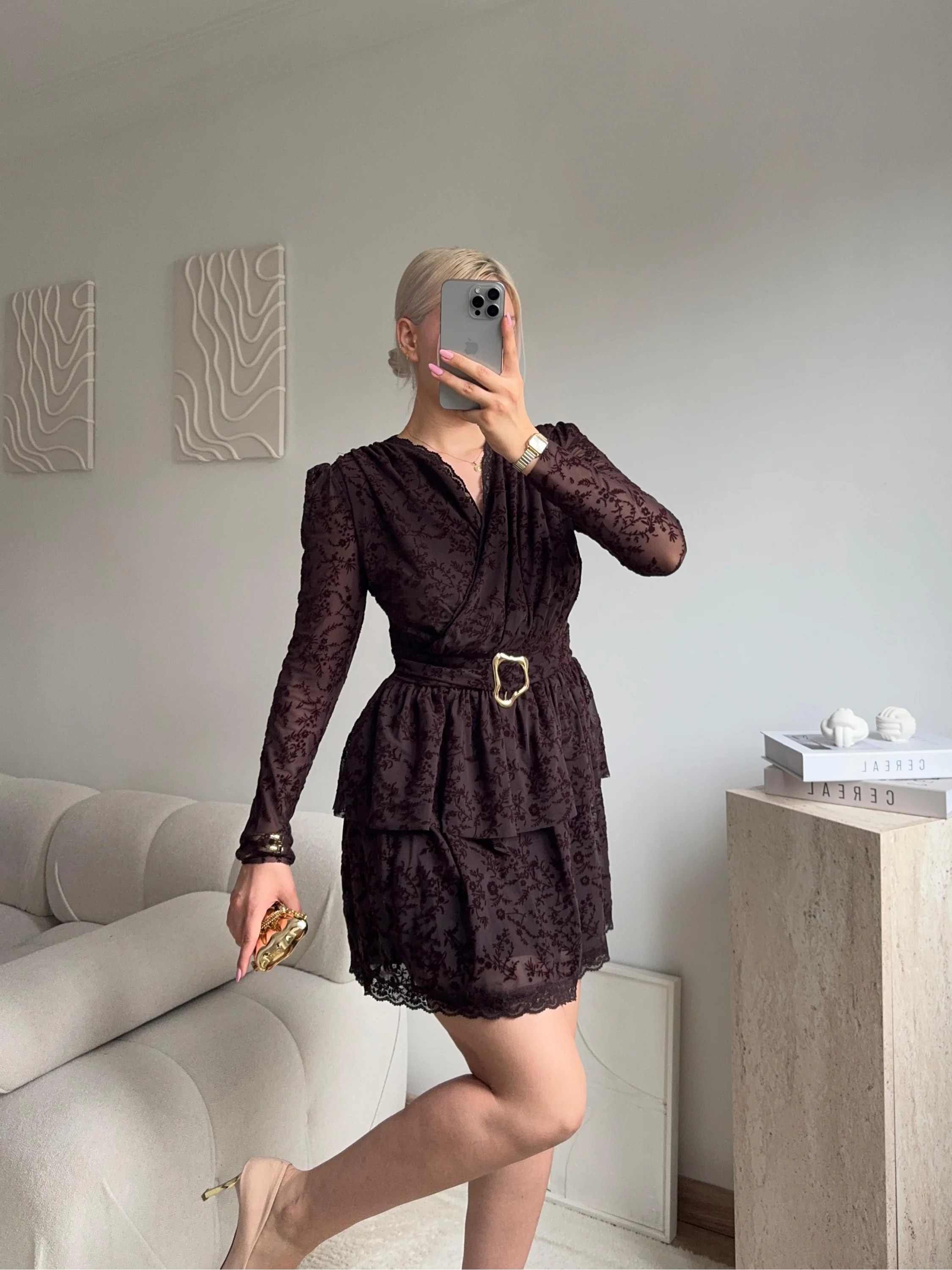 Kruvaze Kemerli Dantel Elbise - KAHVE