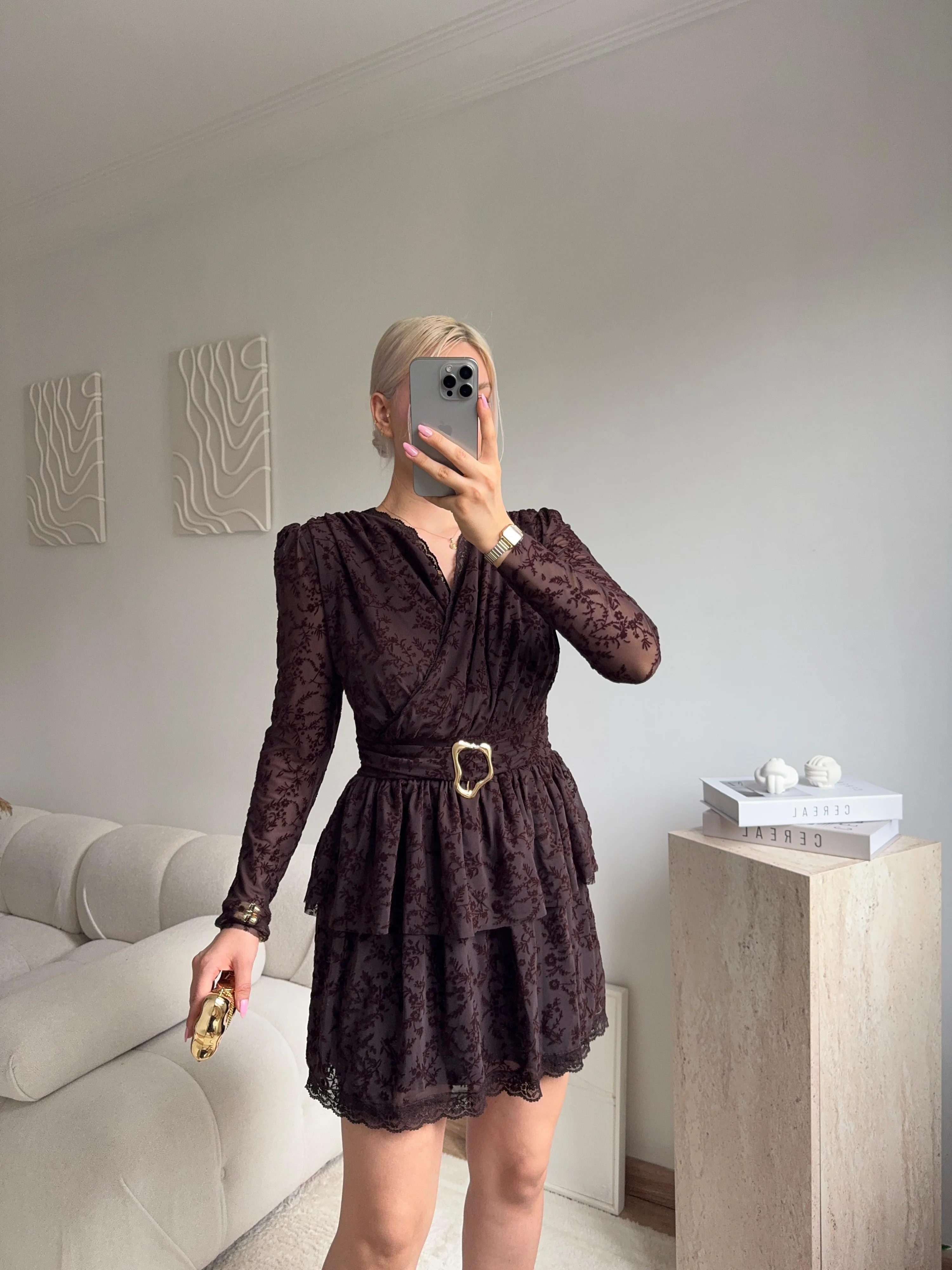 Kruvaze Kemerli Dantel Elbise - KAHVE