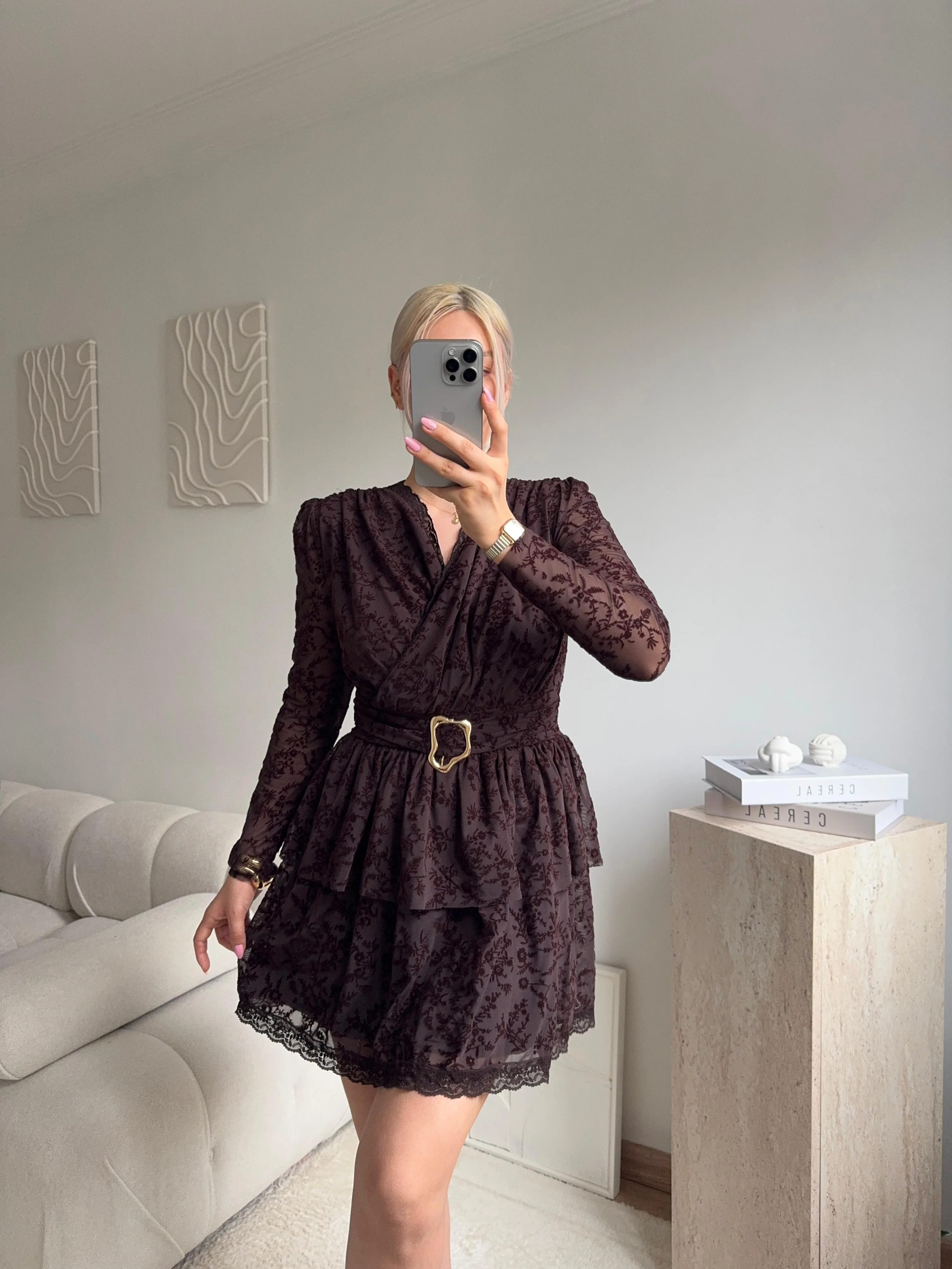 Kruvaze Kemerli Dantel Elbise - KAHVE