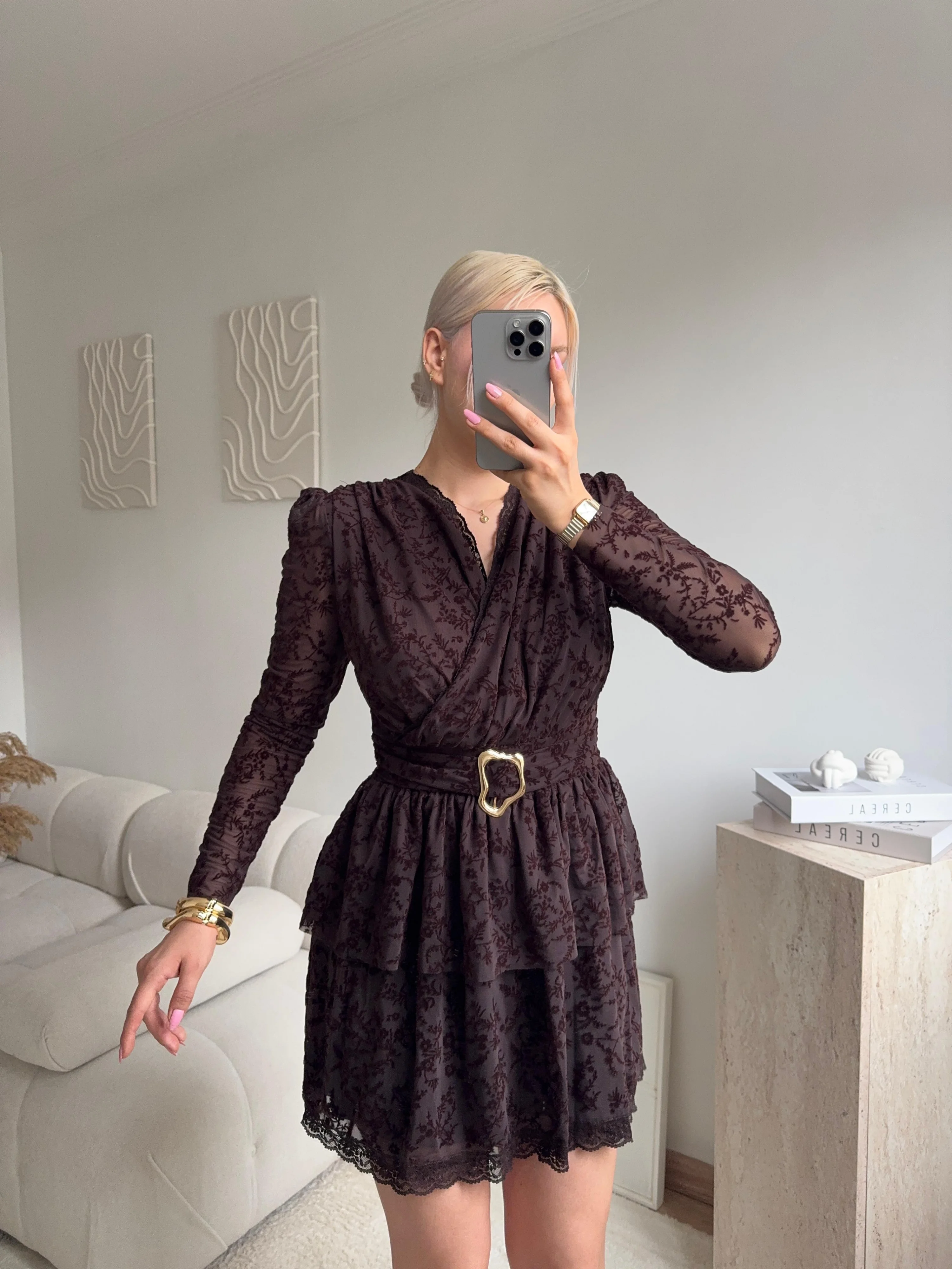 Kruvaze Kemerli Dantel Elbise - KAHVE