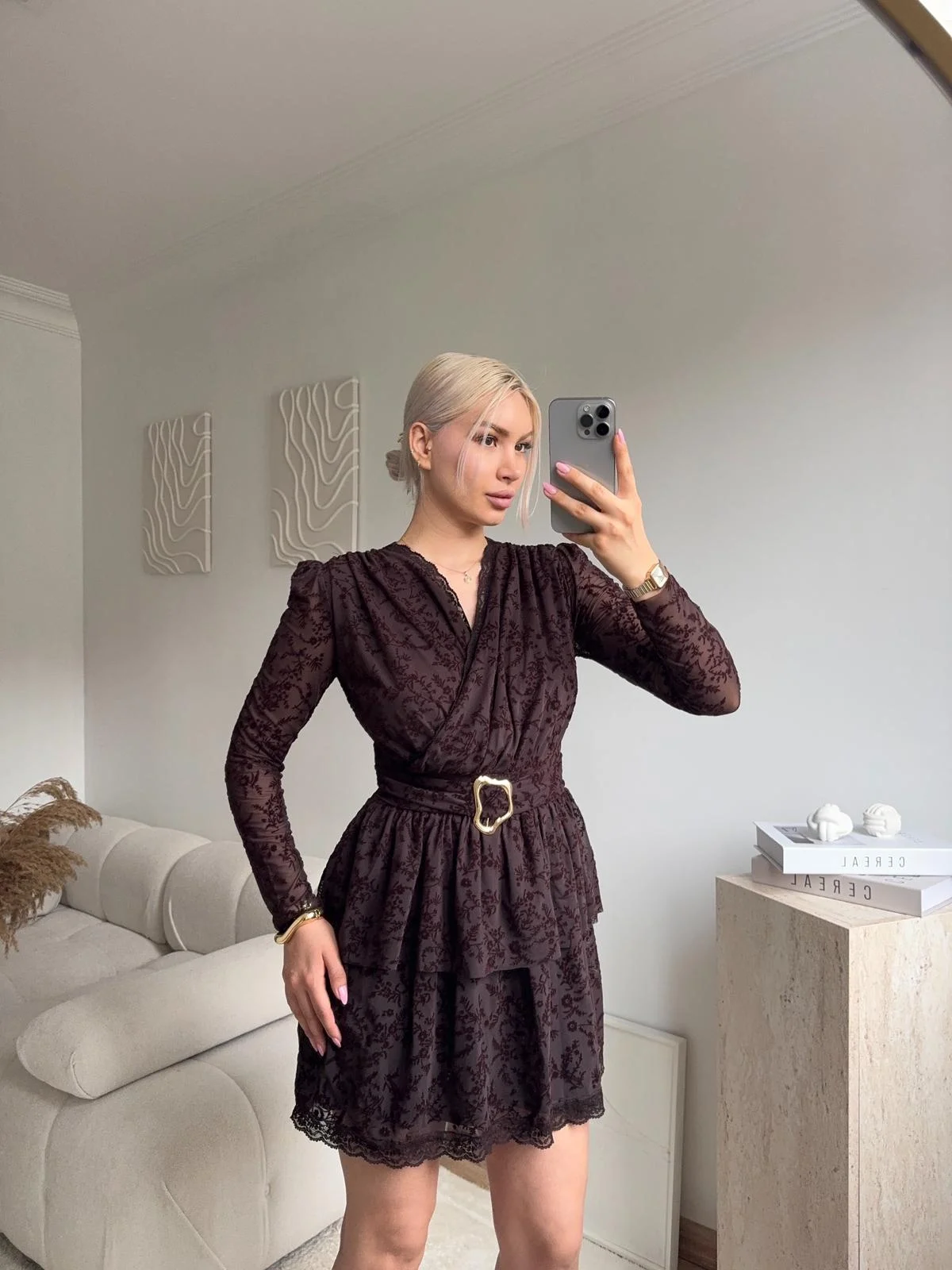 Kruvaze Kemerli Dantel Elbise - KAHVE