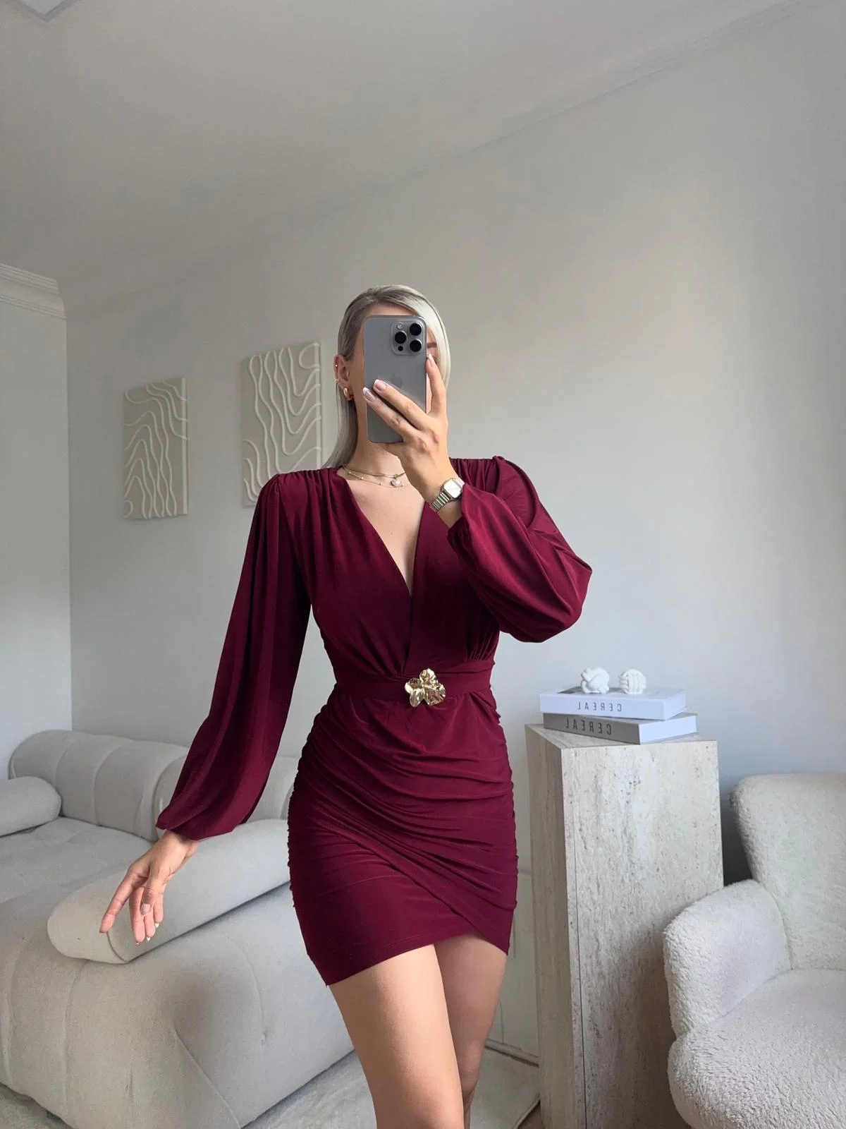 Kruvaze Önü Tokalı Elbise - BORDO