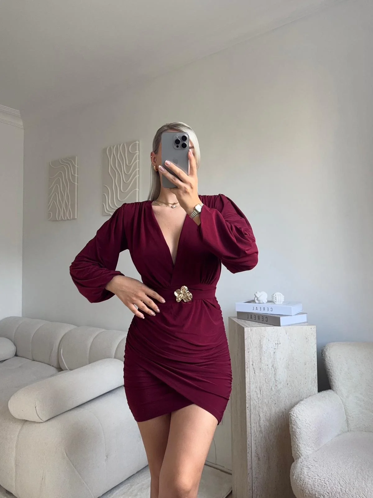 Kruvaze Önü Tokalı Elbise - BORDO