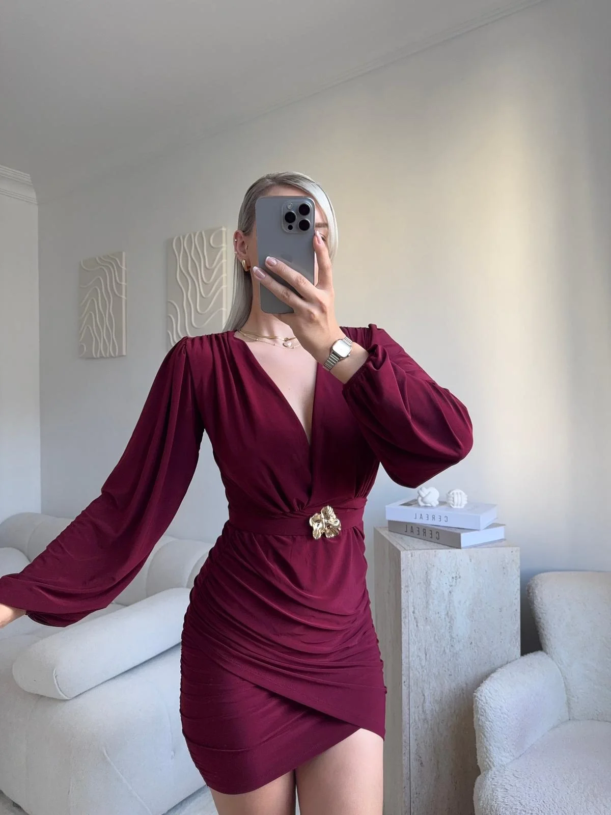 Kruvaze Önü Tokalı Elbise - BORDO