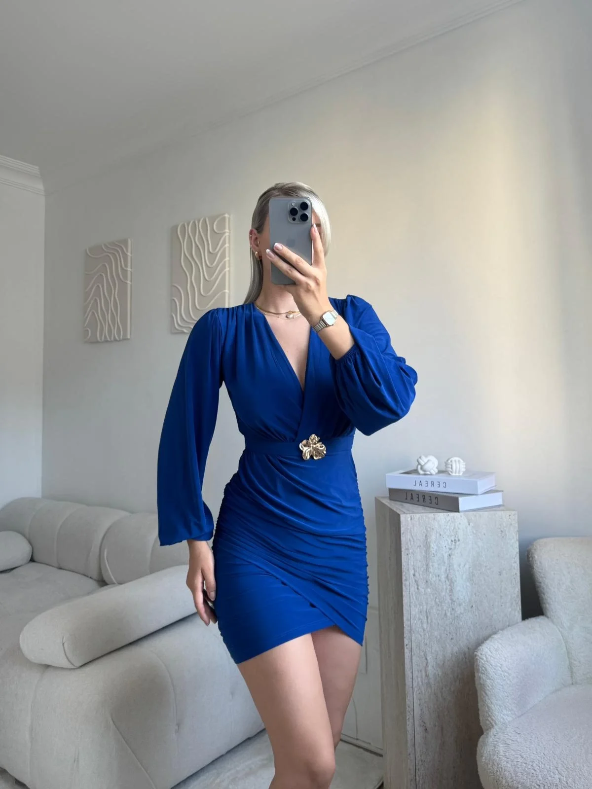 Kruvaze Önü Tokalı Elbise - SAKS MAVİSİ