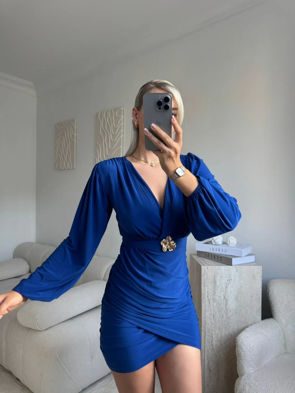 Kruvaze Önü Tokalı Elbise - SAKS MAVİSİ