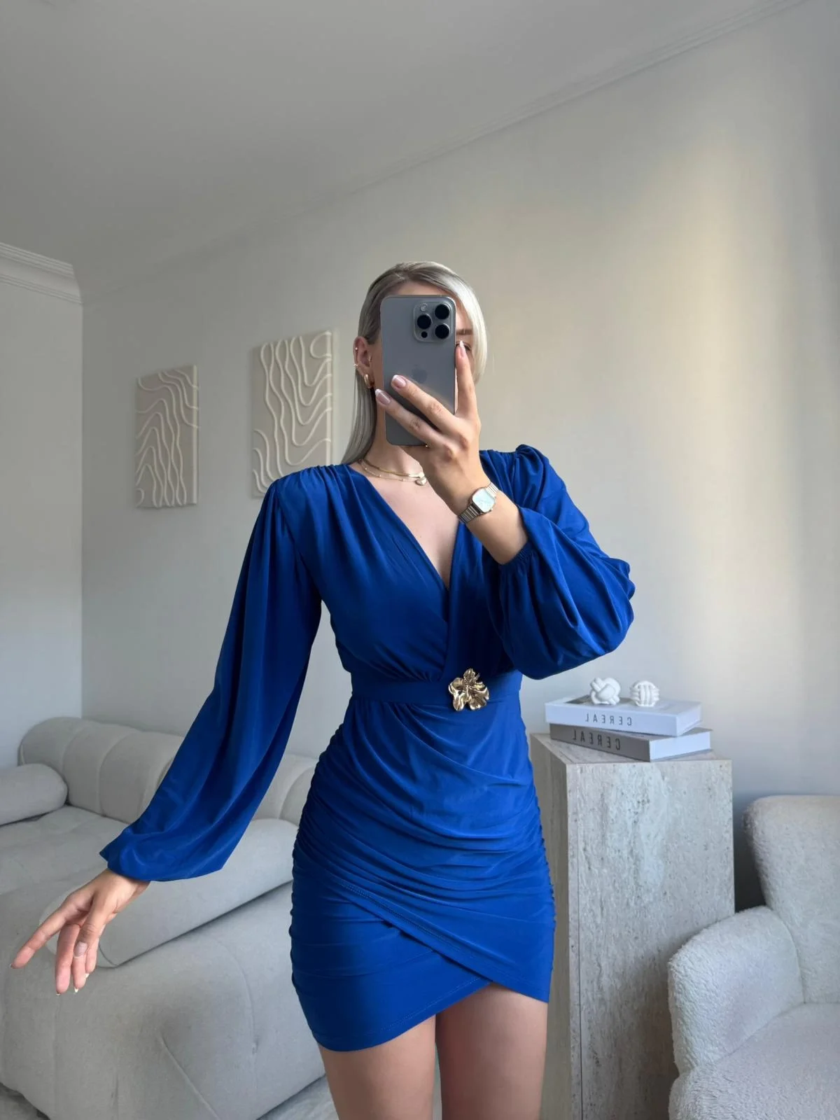 Kruvaze Önü Tokalı Elbise - SAKS MAVİSİ