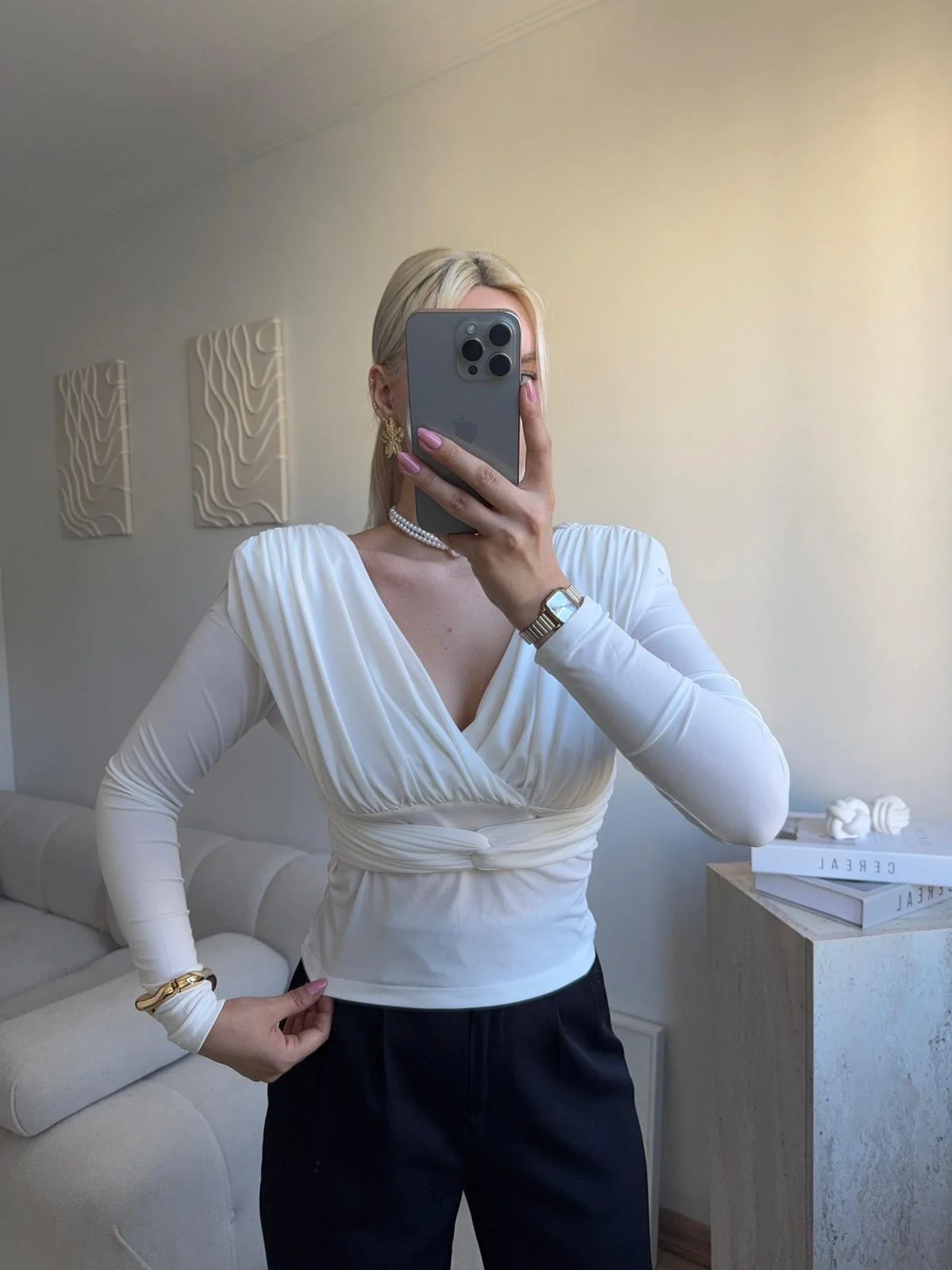 Kruvaze V Yaka Uzun Kollu Bluz - BEYAZ