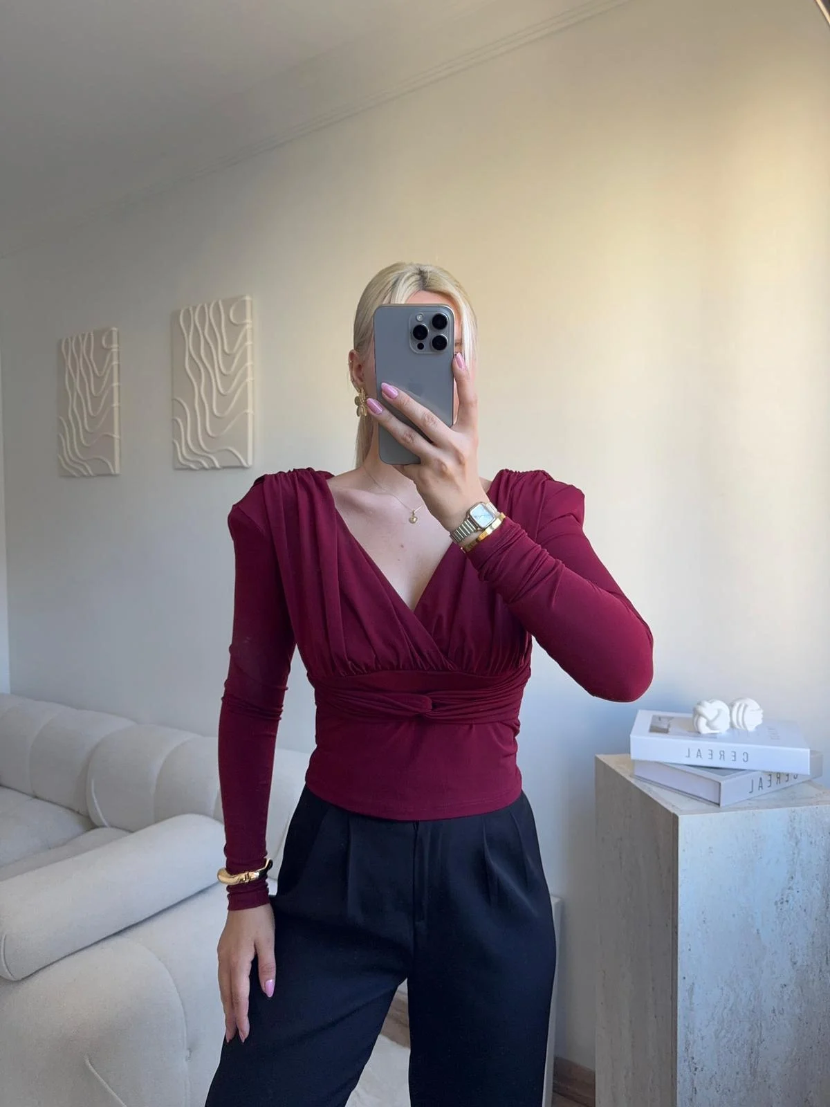 Kruvaze V Yaka Uzun Kollu Bluz - BORDO