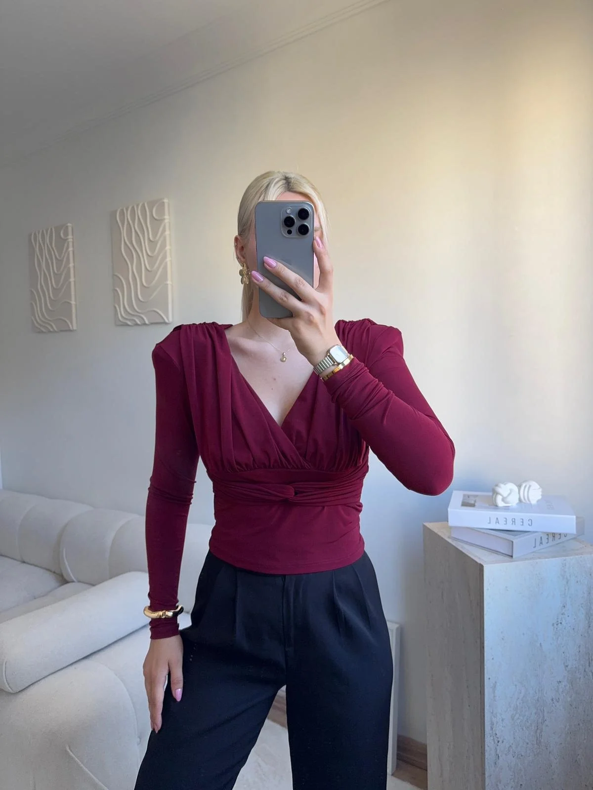 Kruvaze V Yaka Uzun Kollu Bluz - BORDO