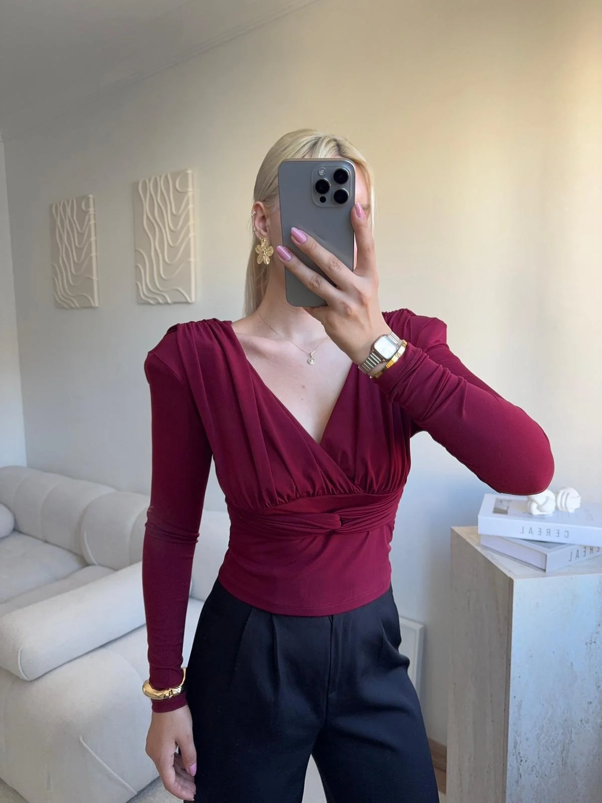 Kruvaze V Yaka Uzun Kollu Bluz - BORDO