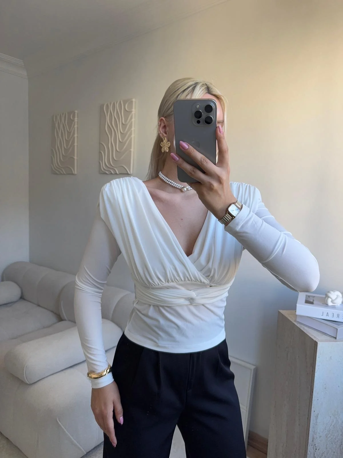 Kruvaze V Yaka Uzun Kollu Bluz - BEYAZ