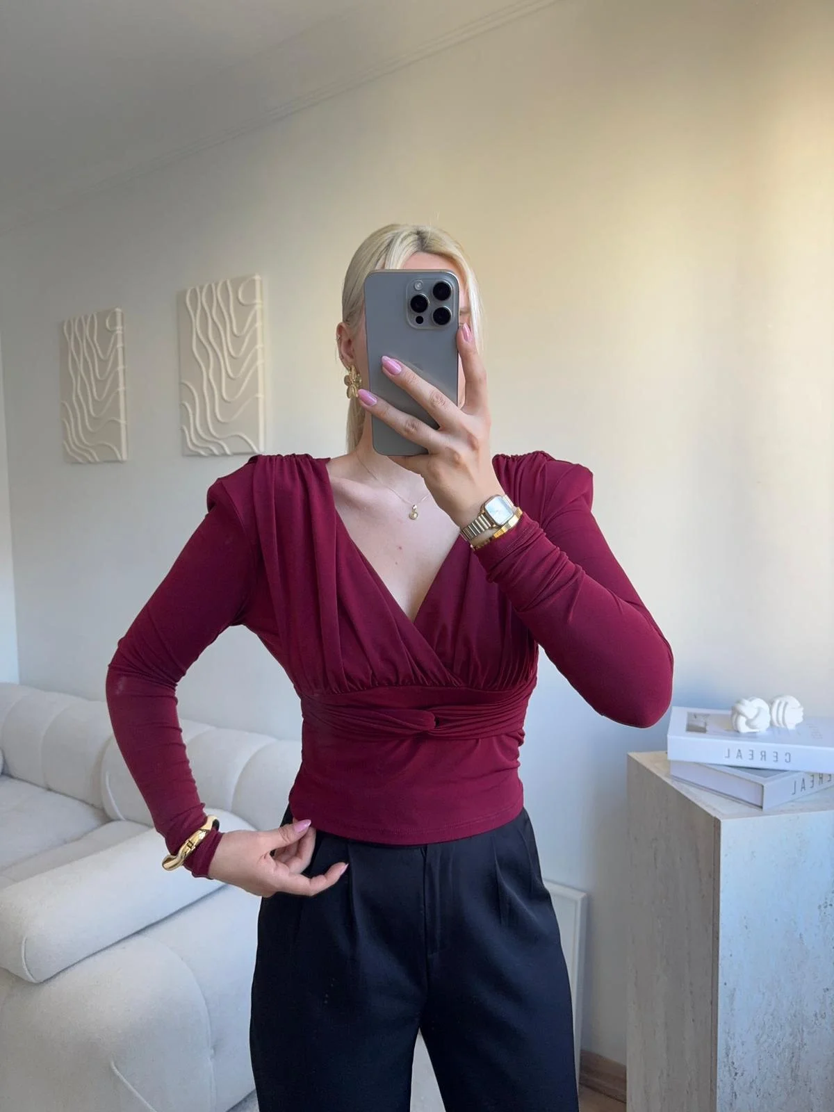 Kruvaze V Yaka Uzun Kollu Bluz - BORDO