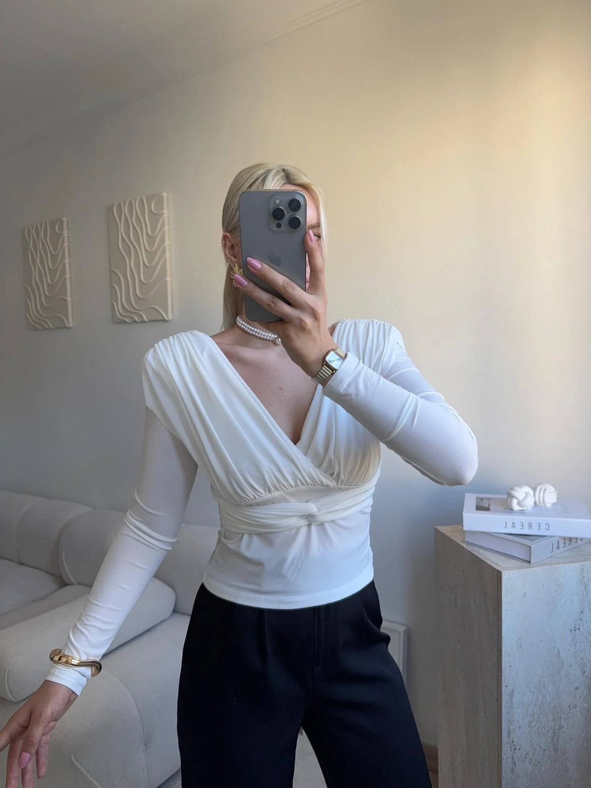 Kruvaze V Yaka Uzun Kollu Bluz - BEYAZ