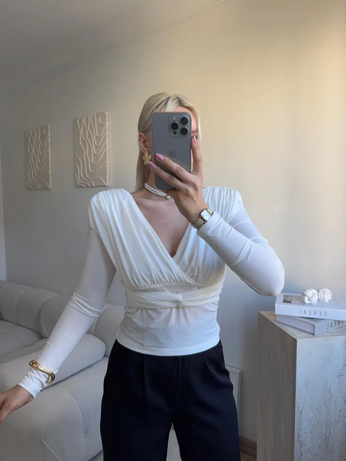 Kruvaze V Yaka Uzun Kollu Bluz - BEYAZ