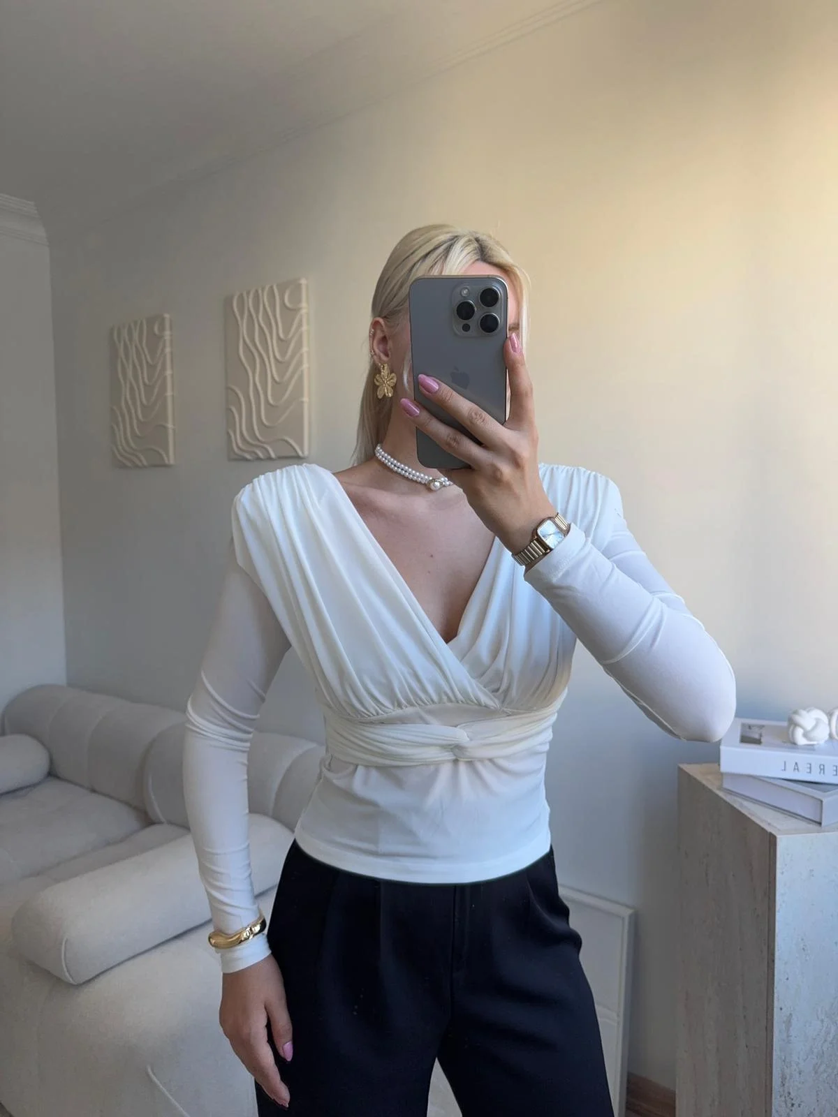 Kruvaze V Yaka Uzun Kollu Bluz - BEYAZ