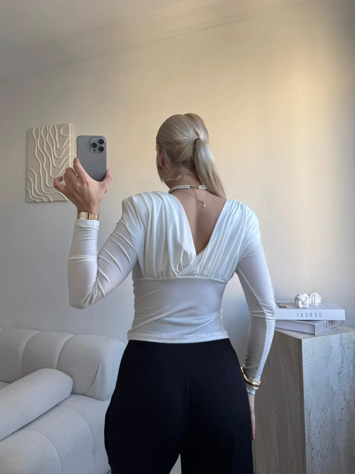 Kruvaze V Yaka Uzun Kollu Bluz - BEYAZ