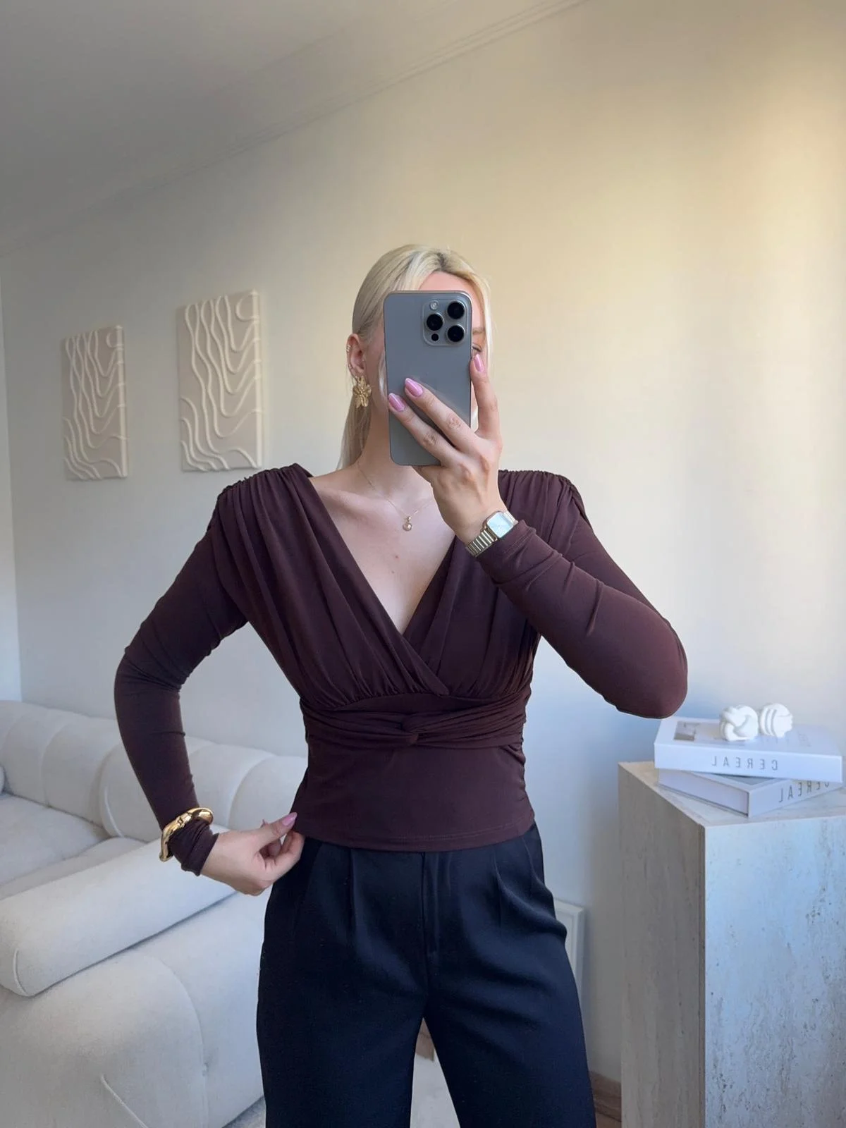 Kruvaze V Yaka Uzun Kollu Bluz - KAHVE