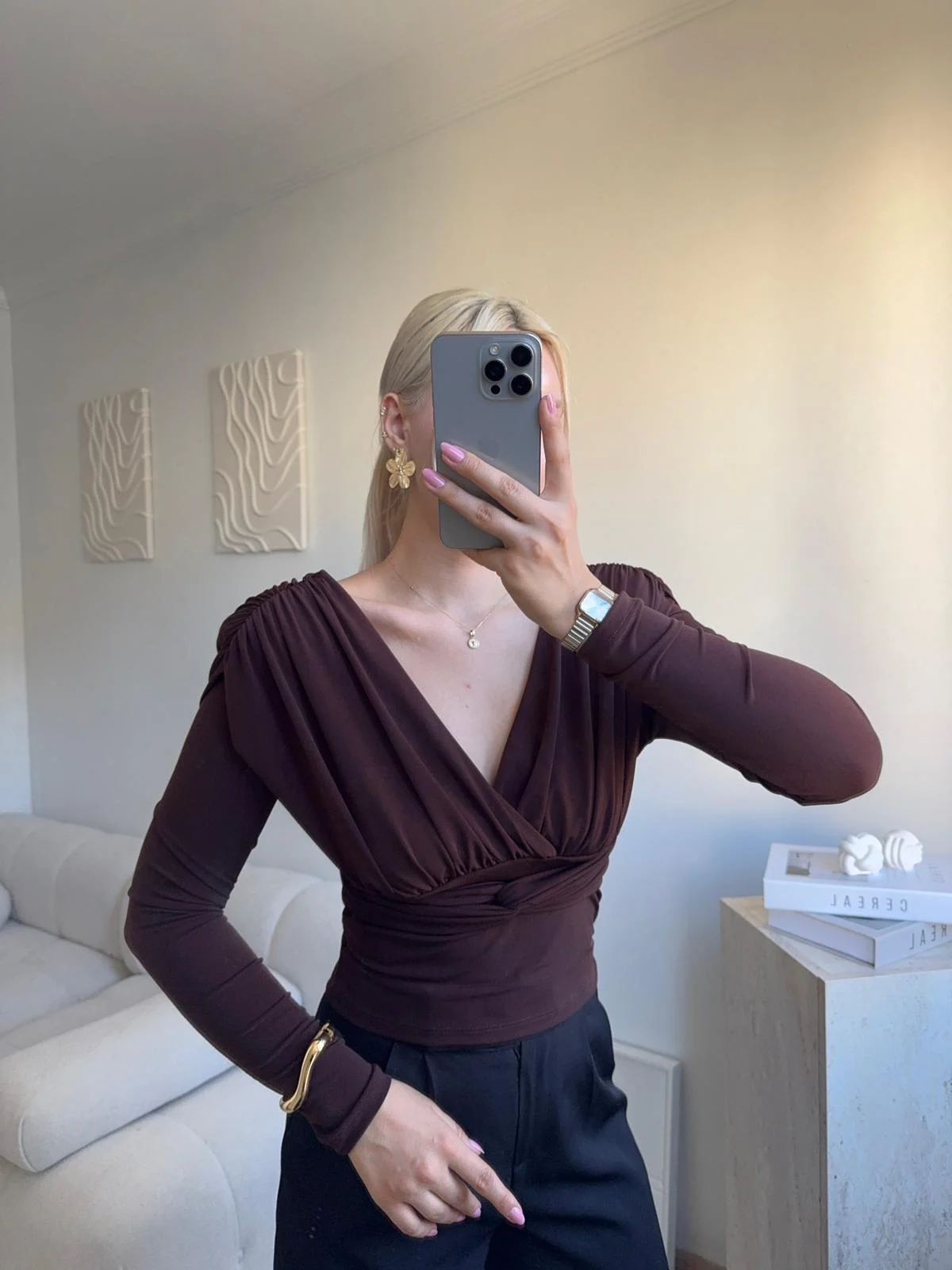 Kruvaze V Yaka Uzun Kollu Bluz - KAHVE