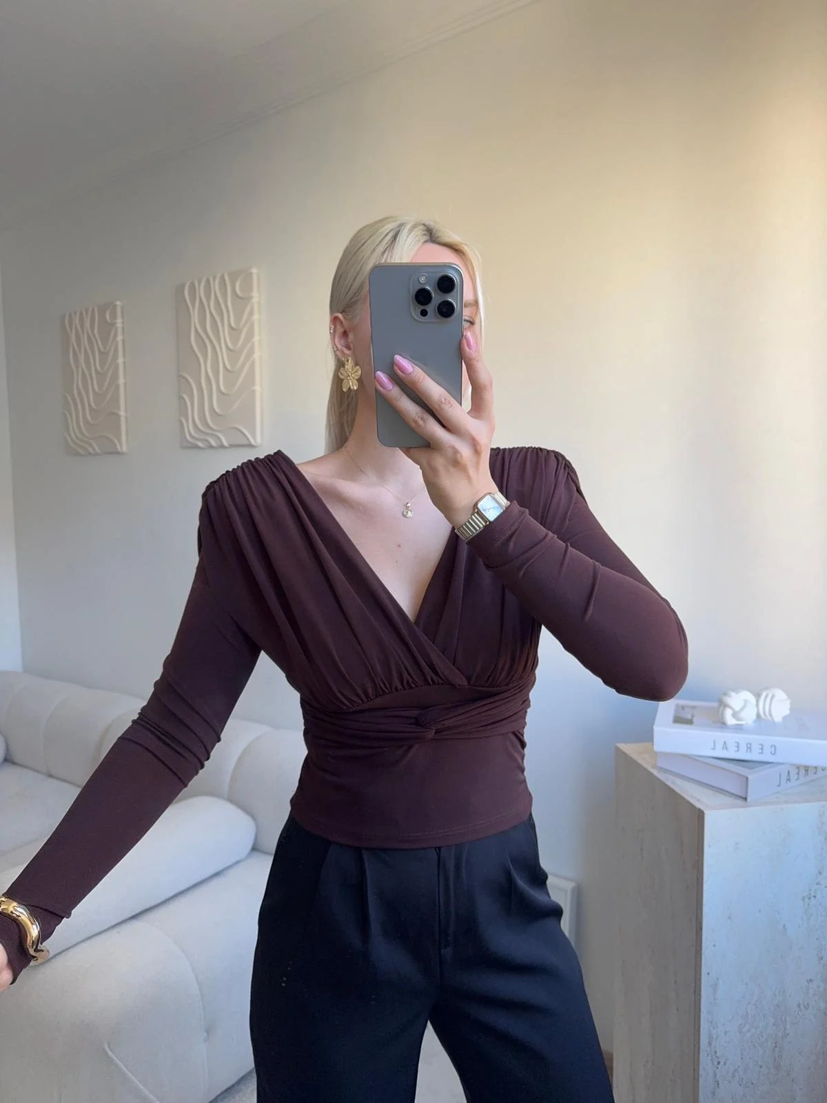 Kruvaze V Yaka Uzun Kollu Bluz - KAHVE