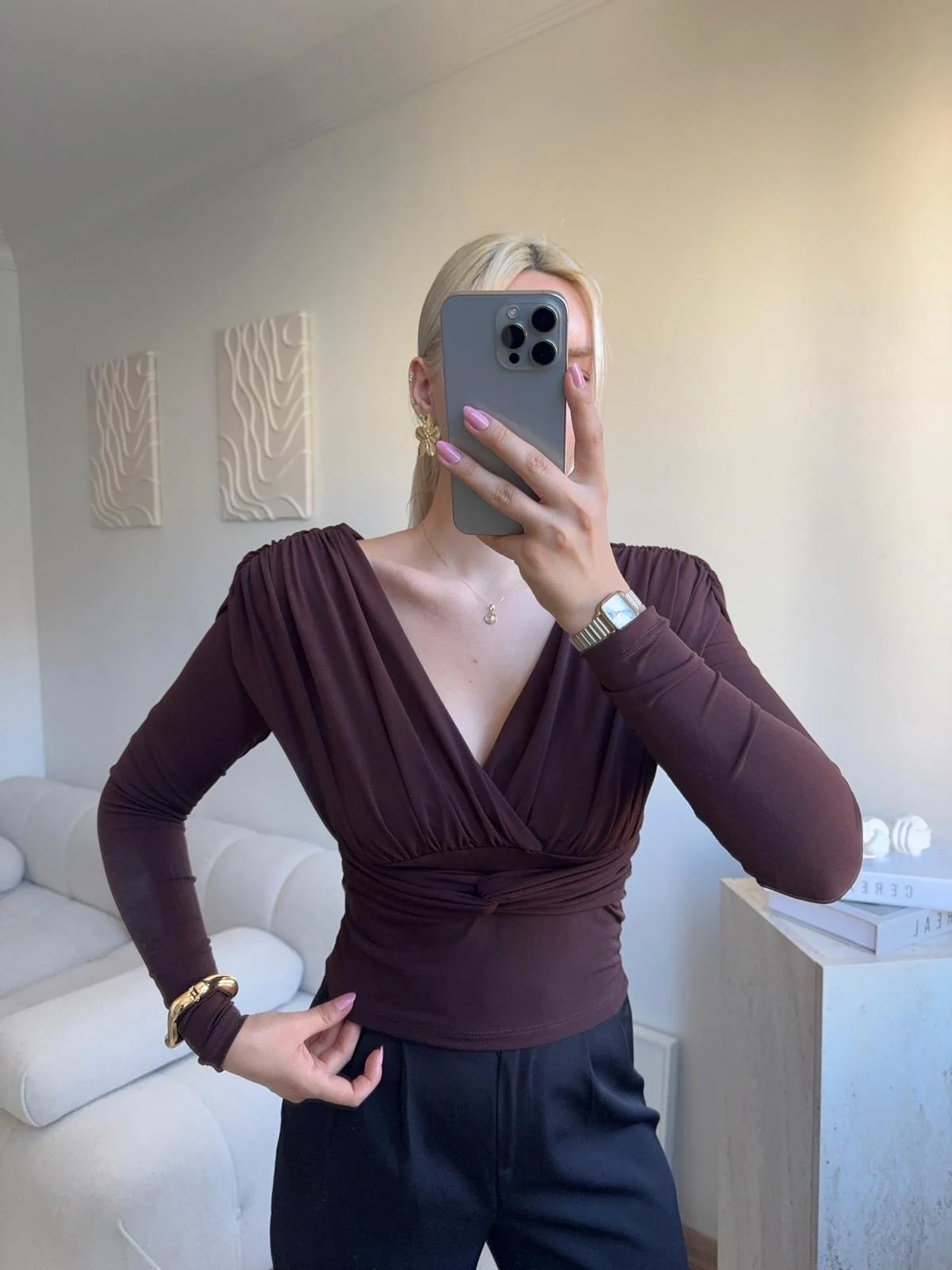 Kruvaze V Yaka Uzun Kollu Bluz - KAHVE