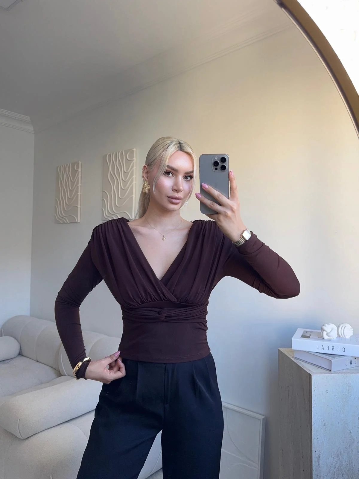 Kruvaze V Yaka Uzun Kollu Bluz - KAHVE