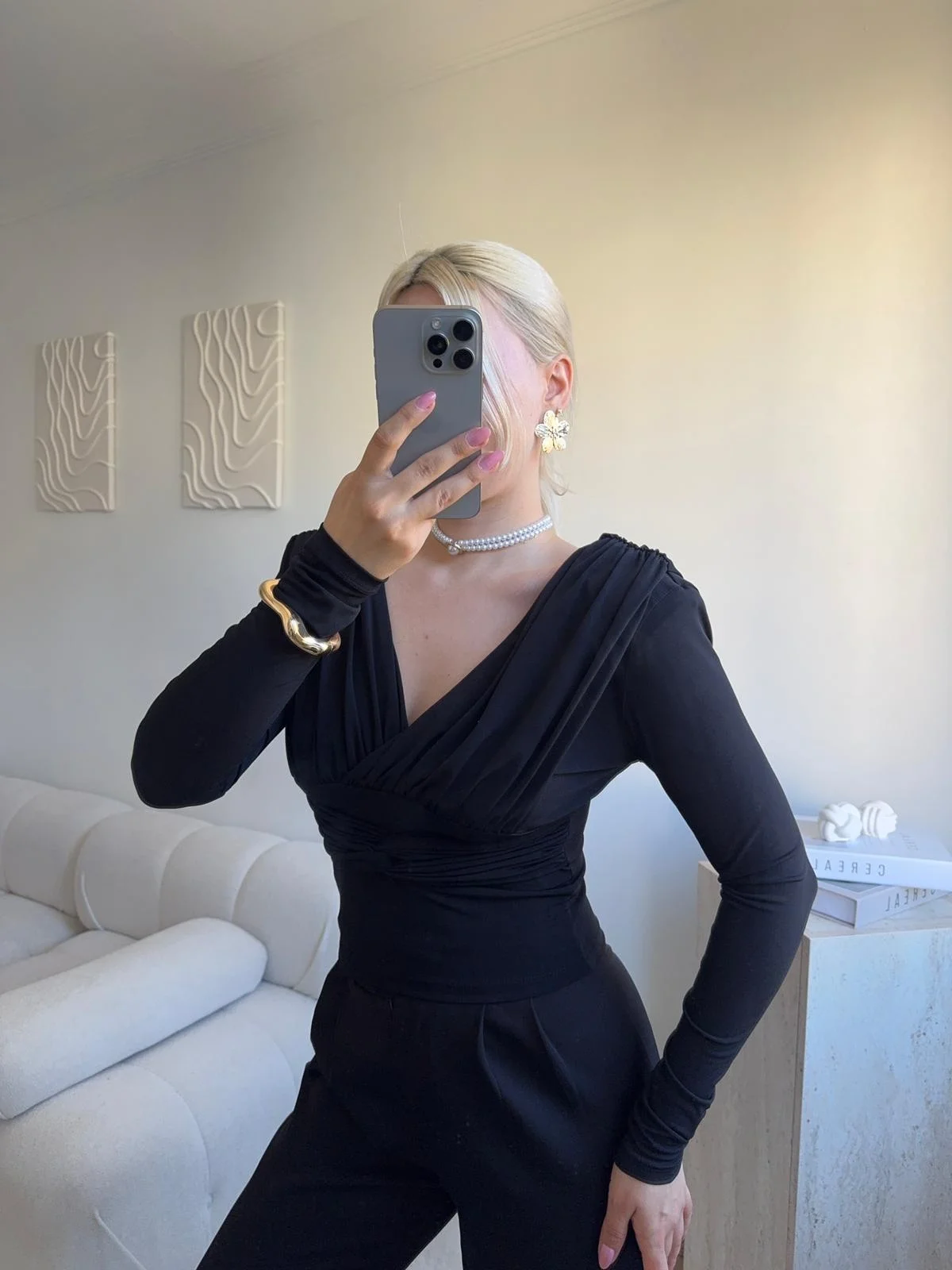 Kruvaze V Yaka Uzun Kollu Bluz - SİYAH