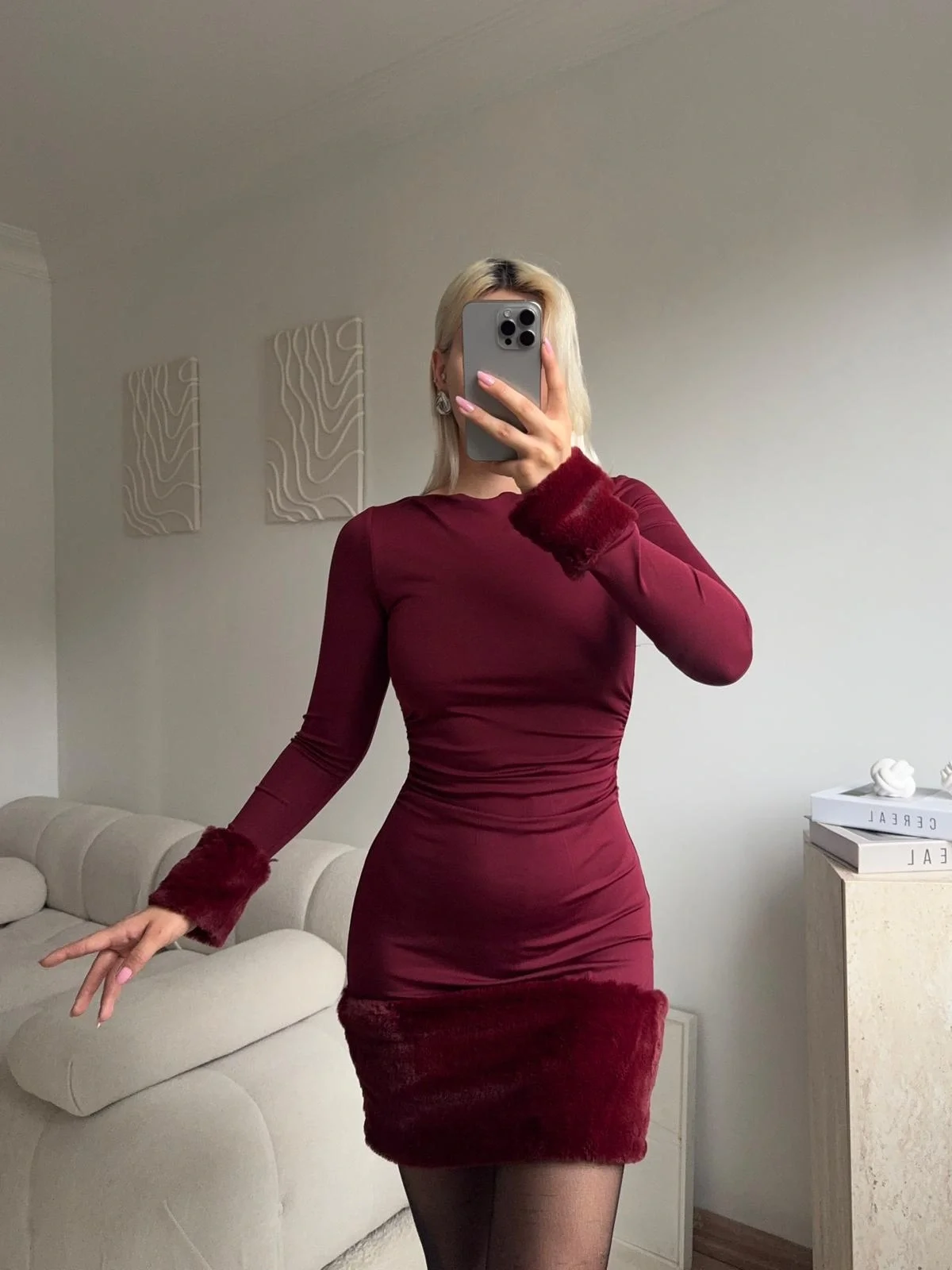 Kürk Detay Elbise - BORDO