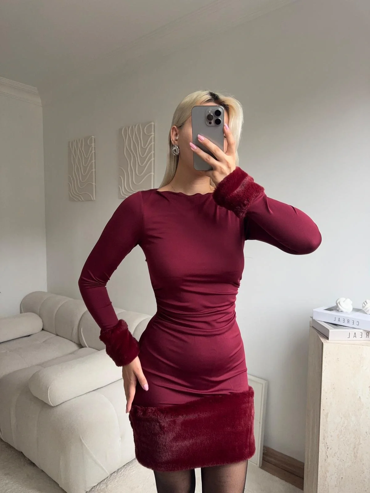 Kürk Detay Elbise - BORDO