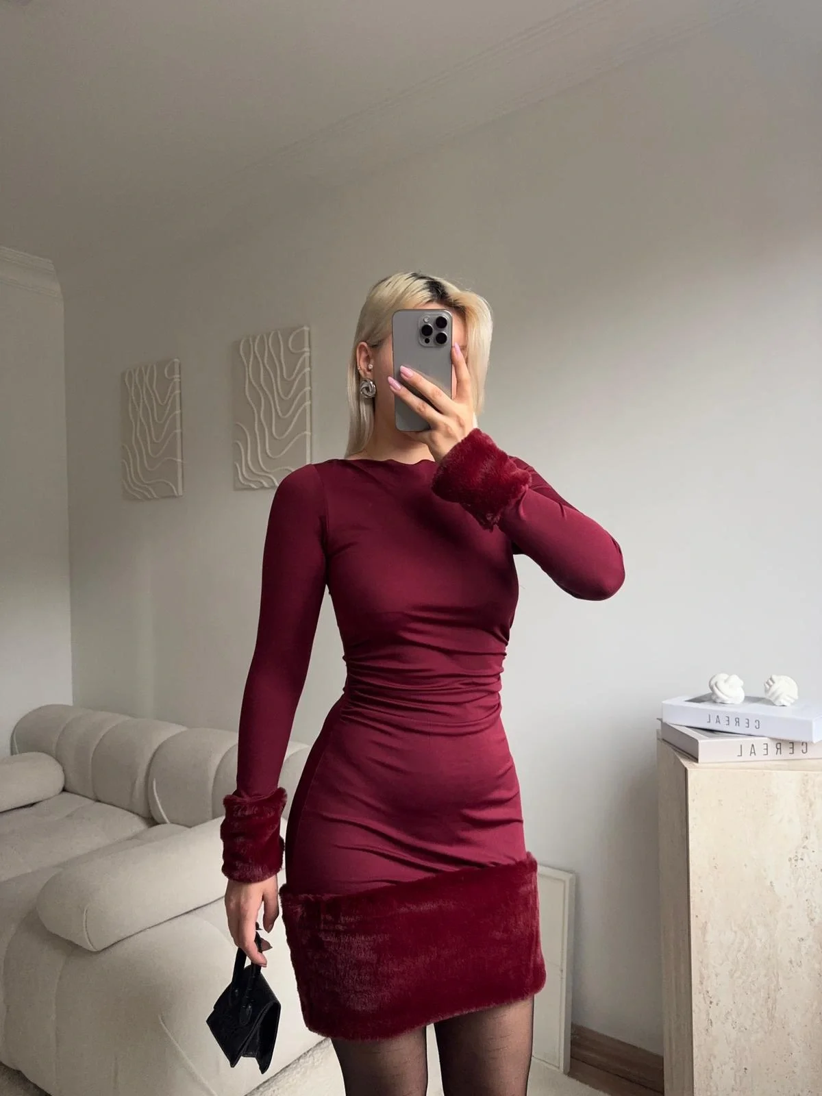Kürk Detay Elbise - BORDO