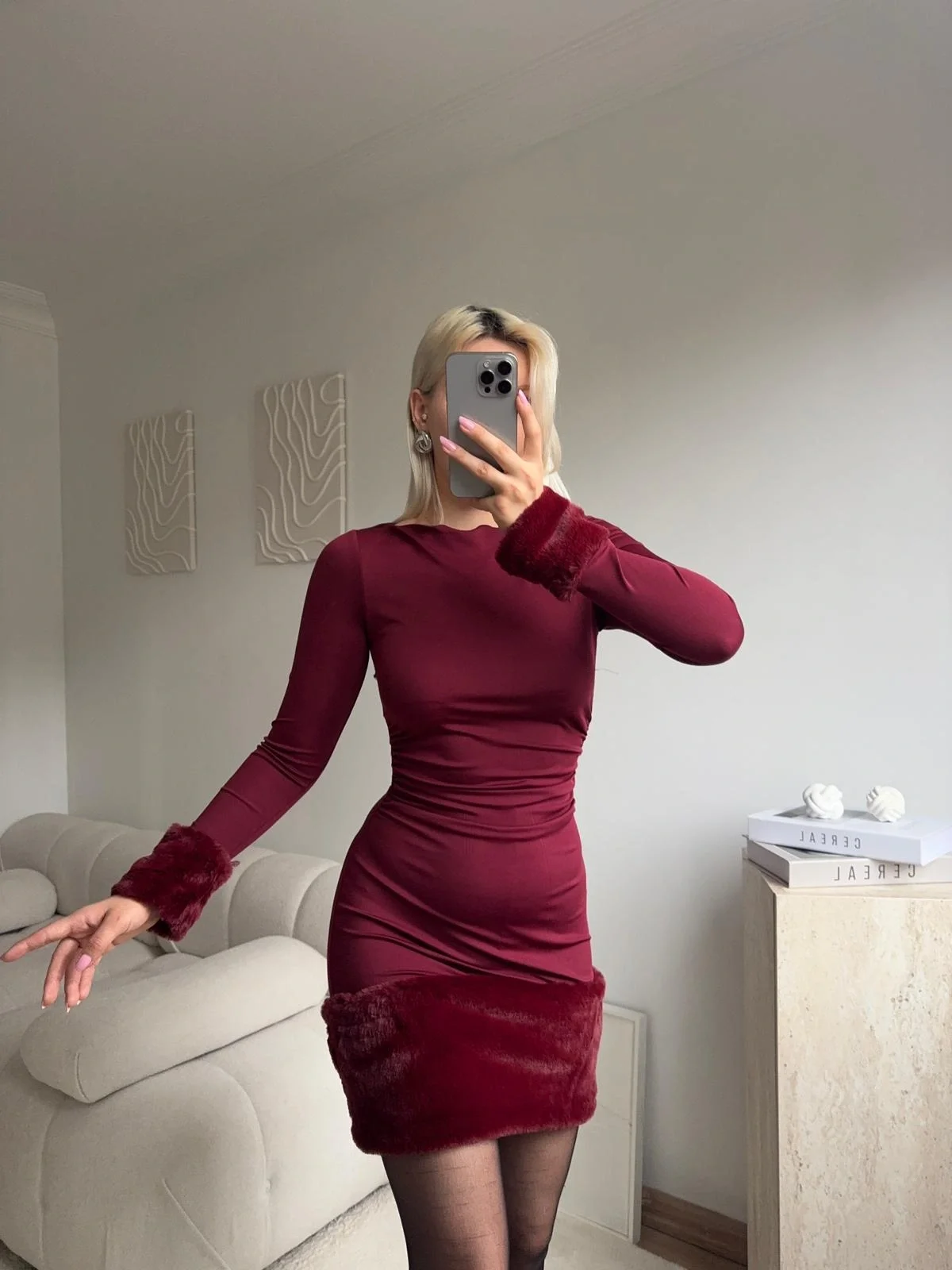 Kürk Detay Elbise - BORDO