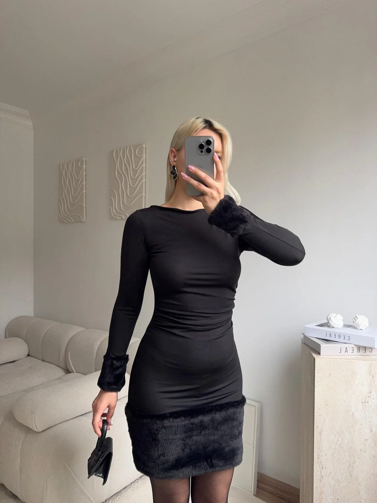 Kürk Detay Elbise - SİYAH