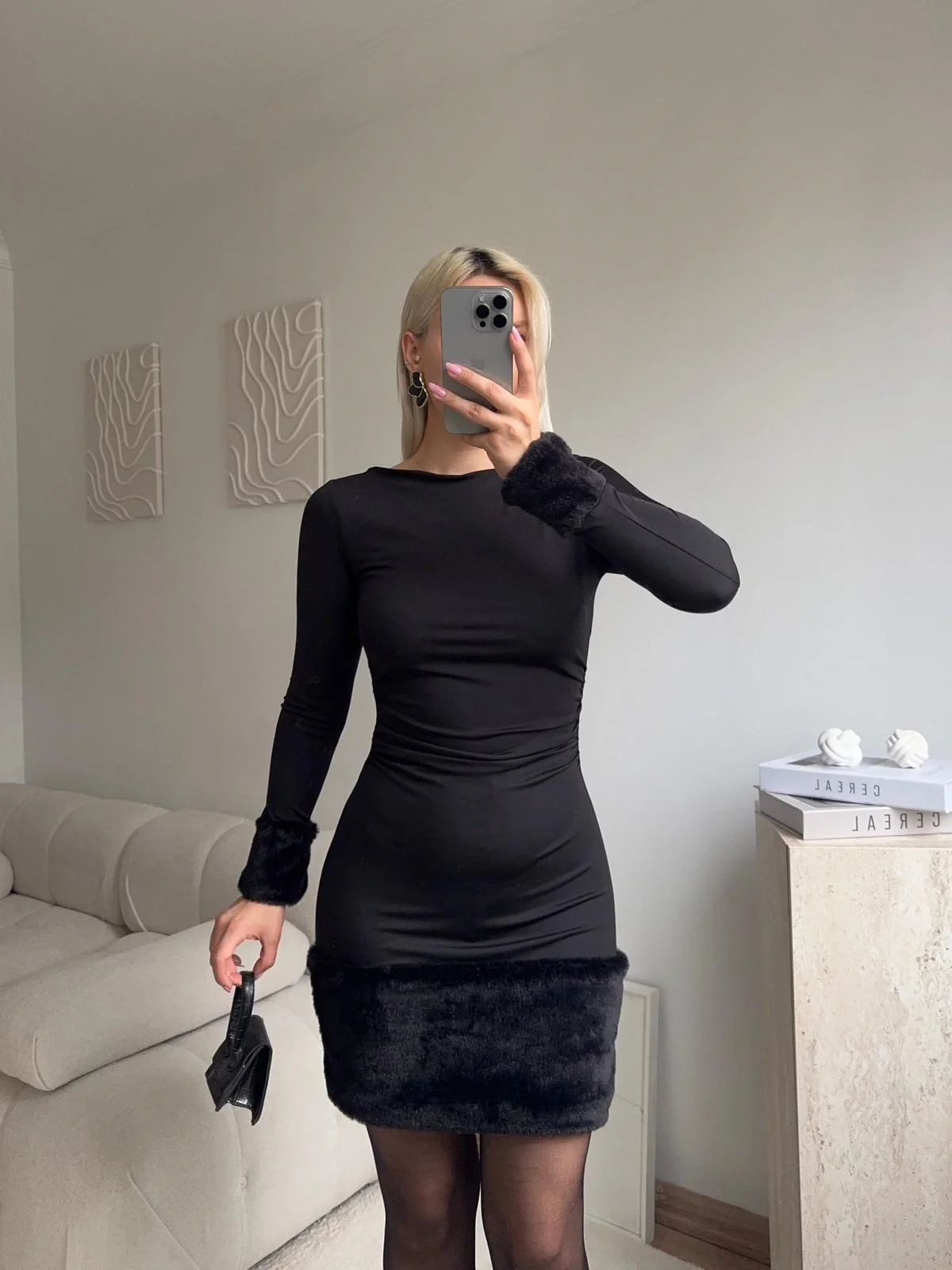 Kürk Detay Elbise - SİYAH