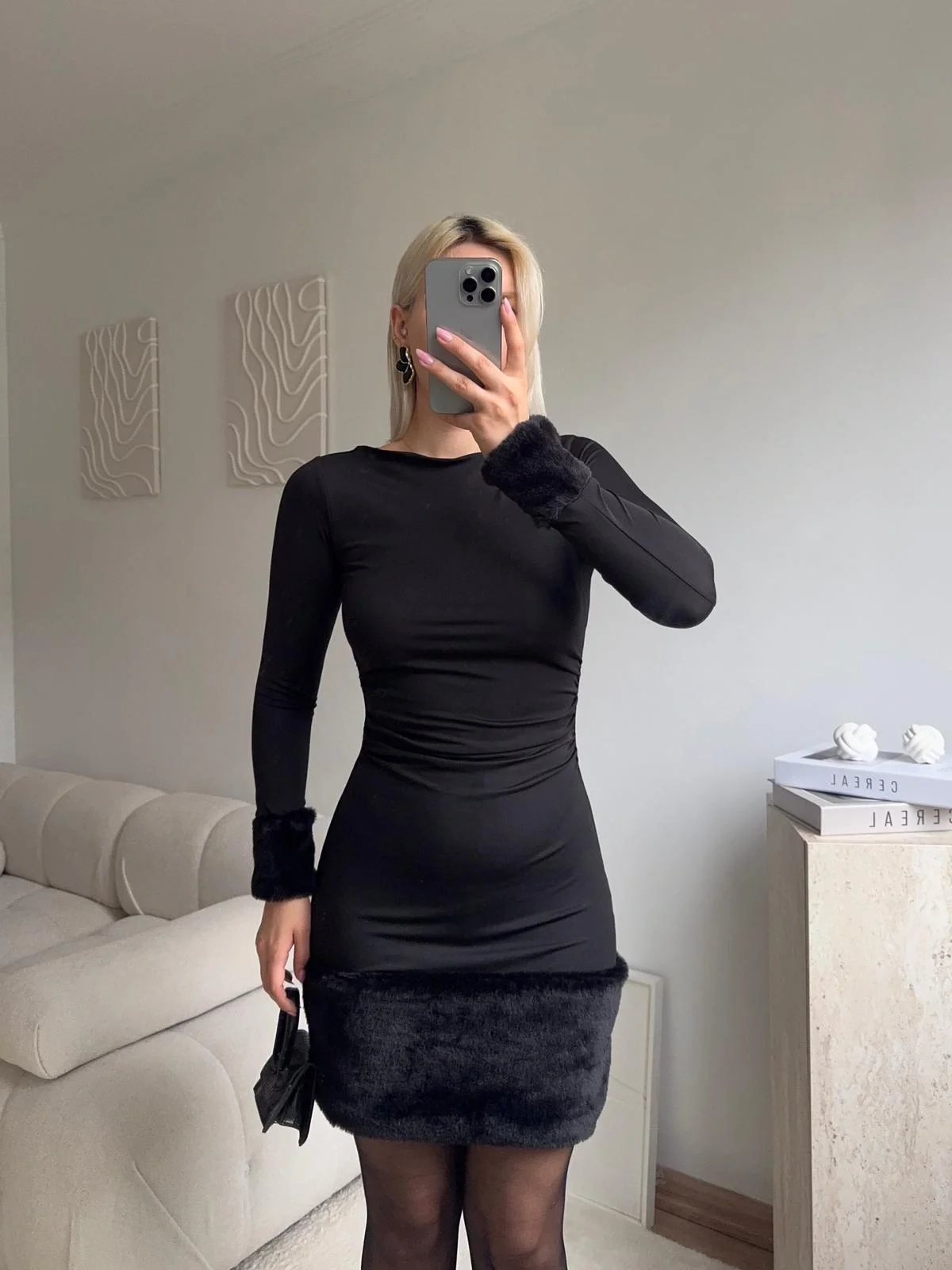 Kürk Detay Elbise - SİYAH