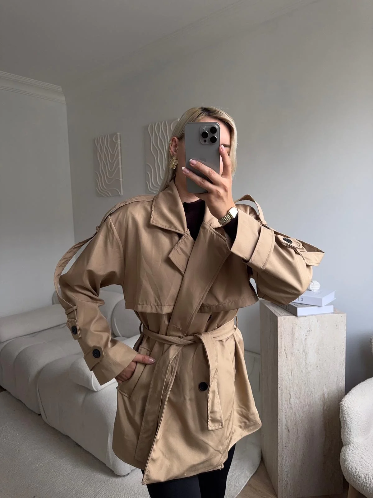 Kuşaklı Midi Trençkot - BEJ