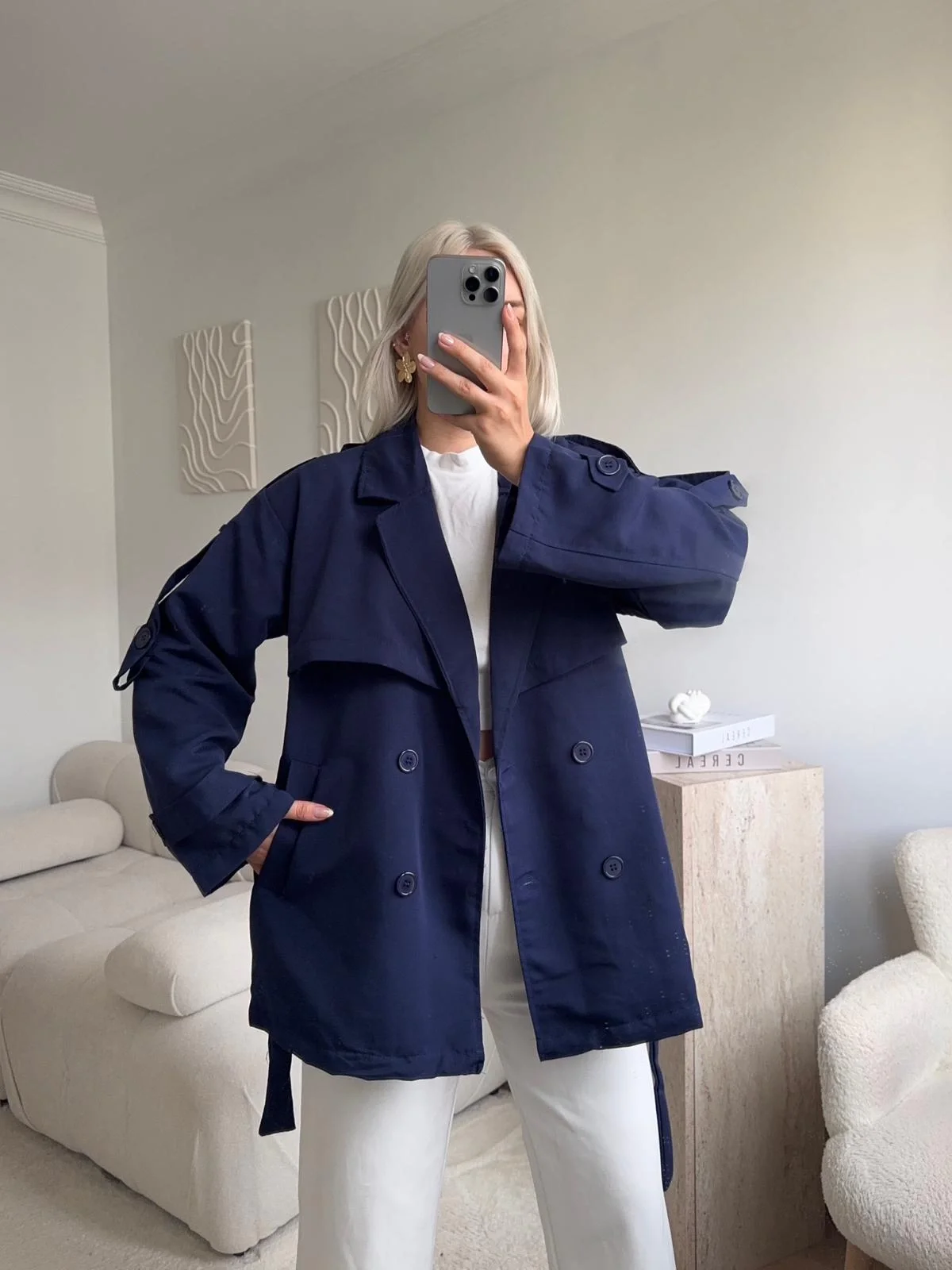 Kuşaklı Midi Trençkot - LACİVERT