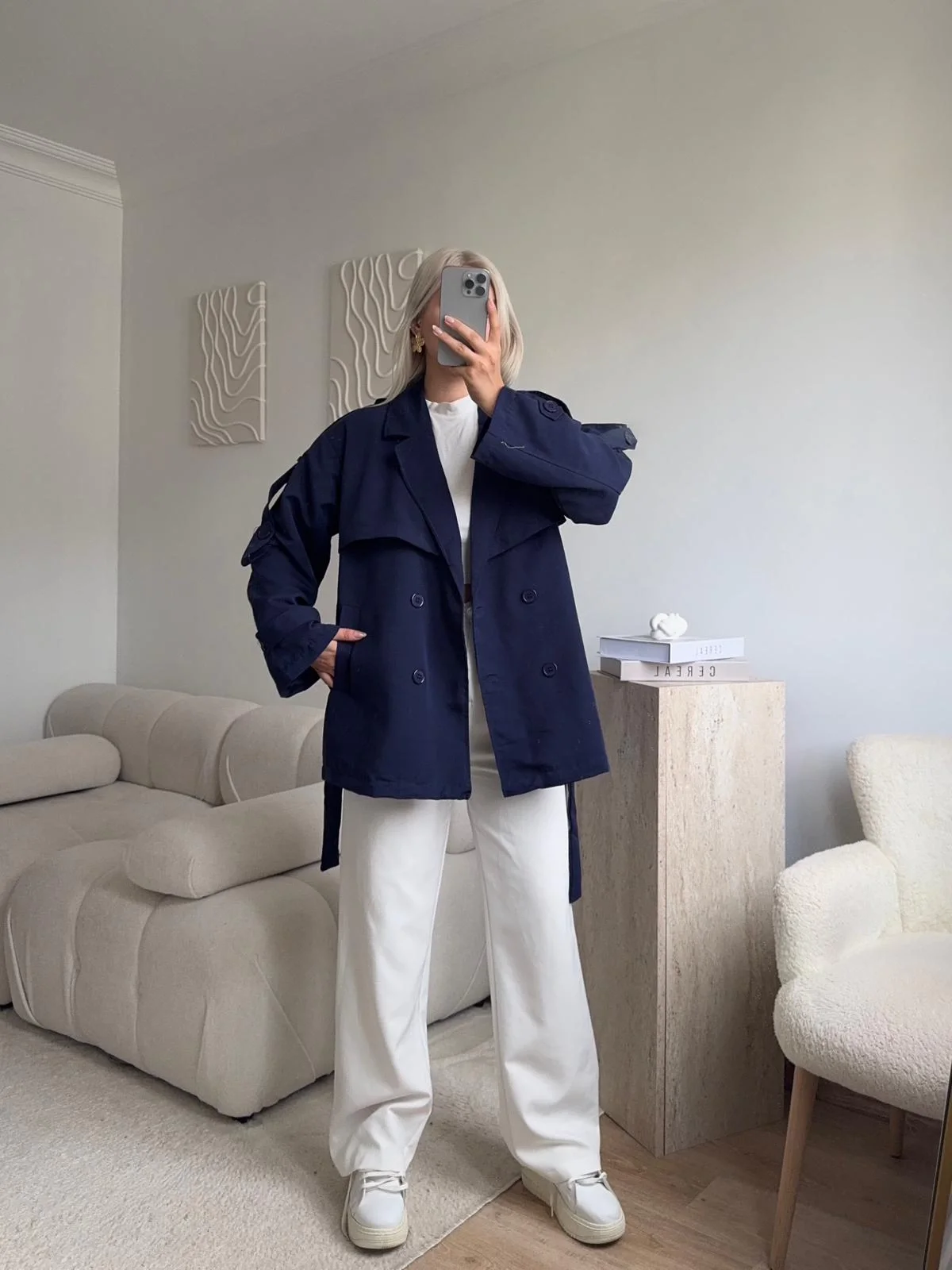 Kuşaklı Midi Trençkot - LACİVERT