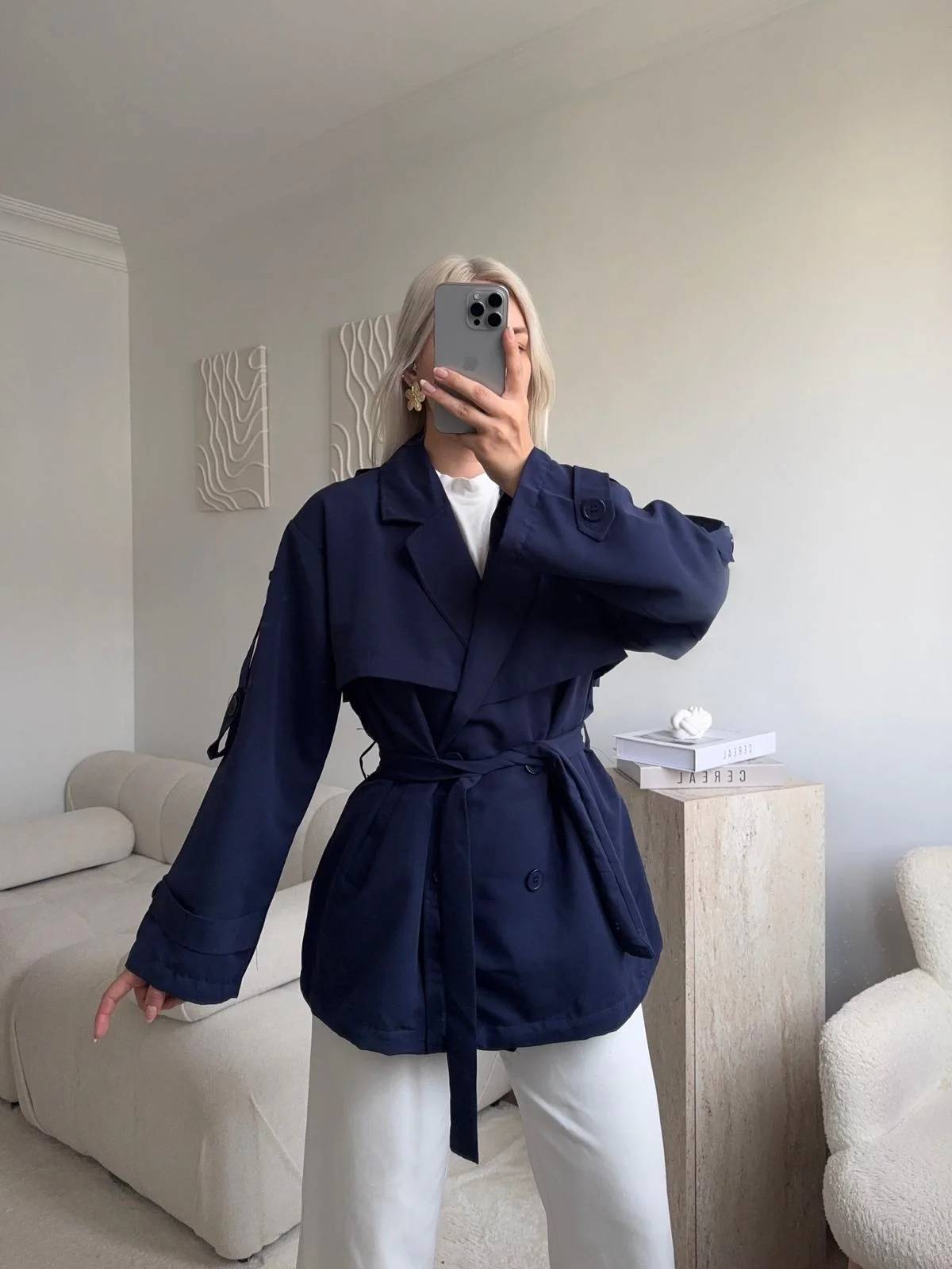 Kuşaklı Midi Trençkot - LACİVERT