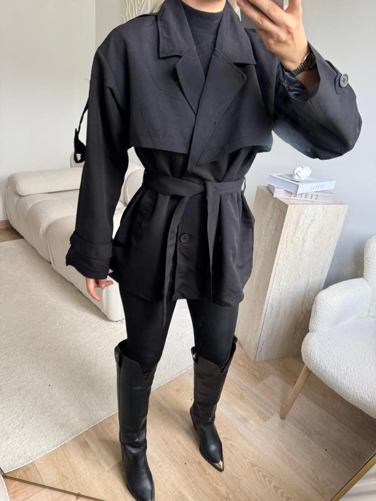 Kuşaklı Midi Trençkot - SİYAH