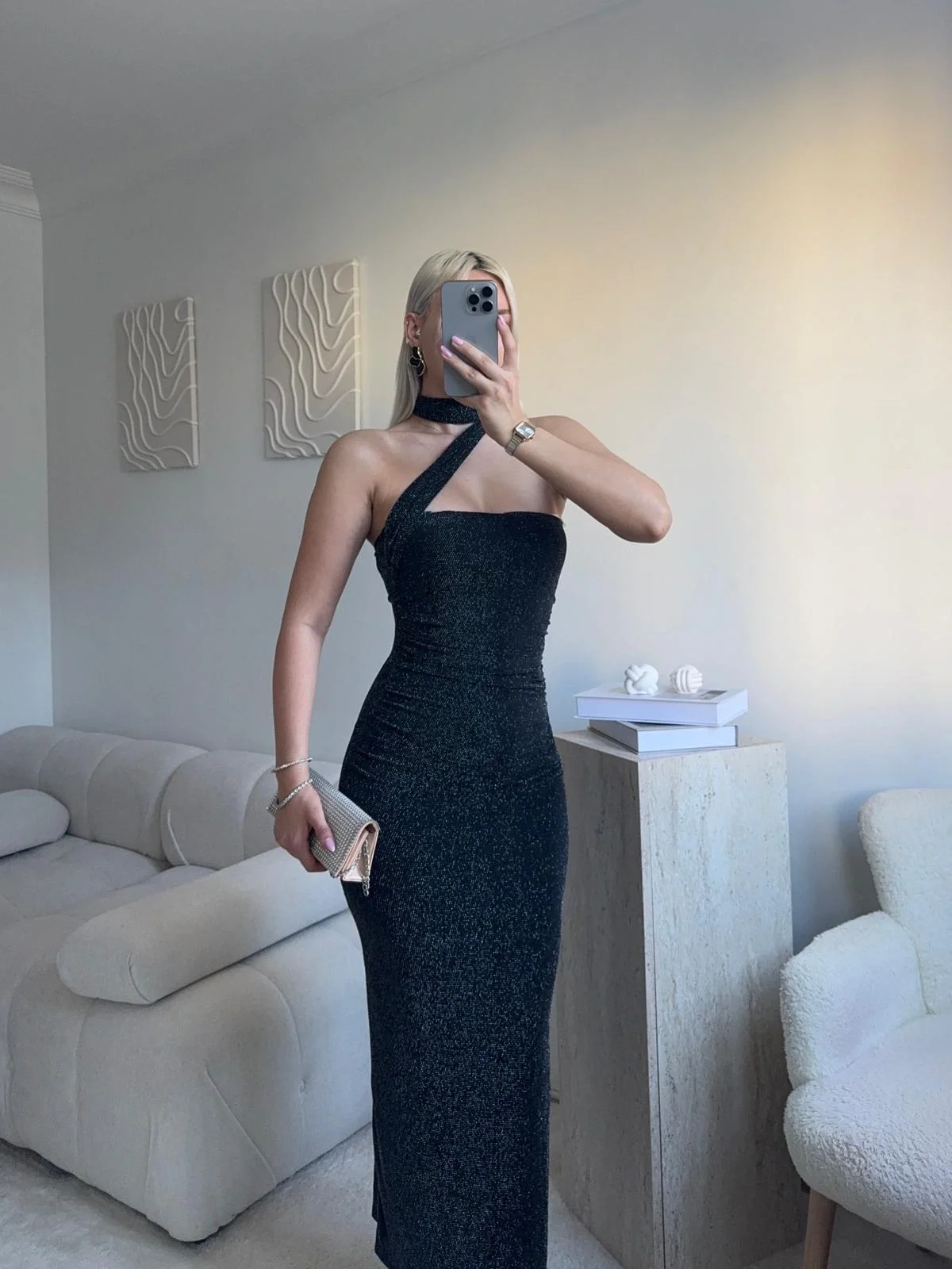 Kuşaklı Straplez Simli Elbise